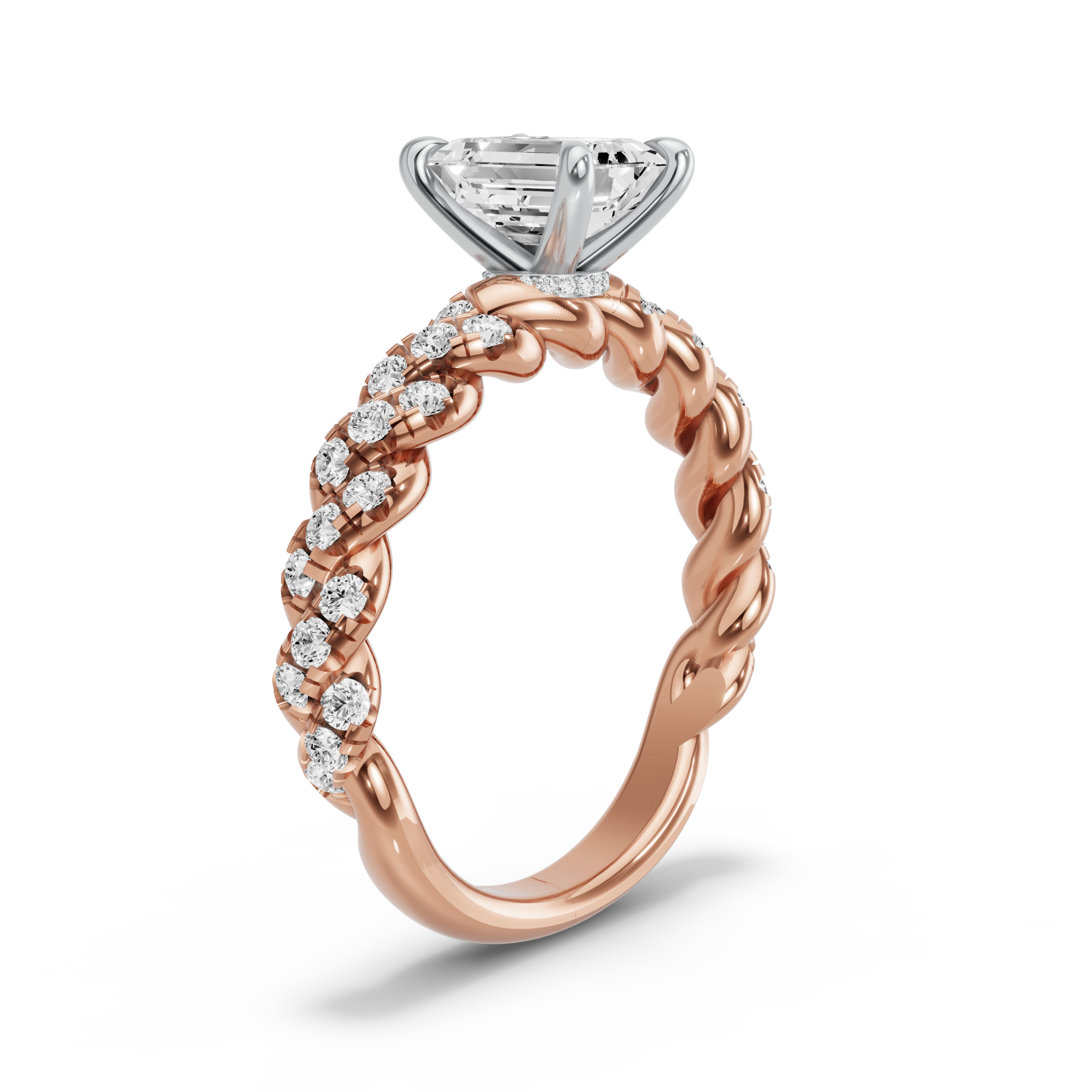 Image for Emerald Hidden Halo Ring with Twist Pave band in 18K Two Tone Rose Gold