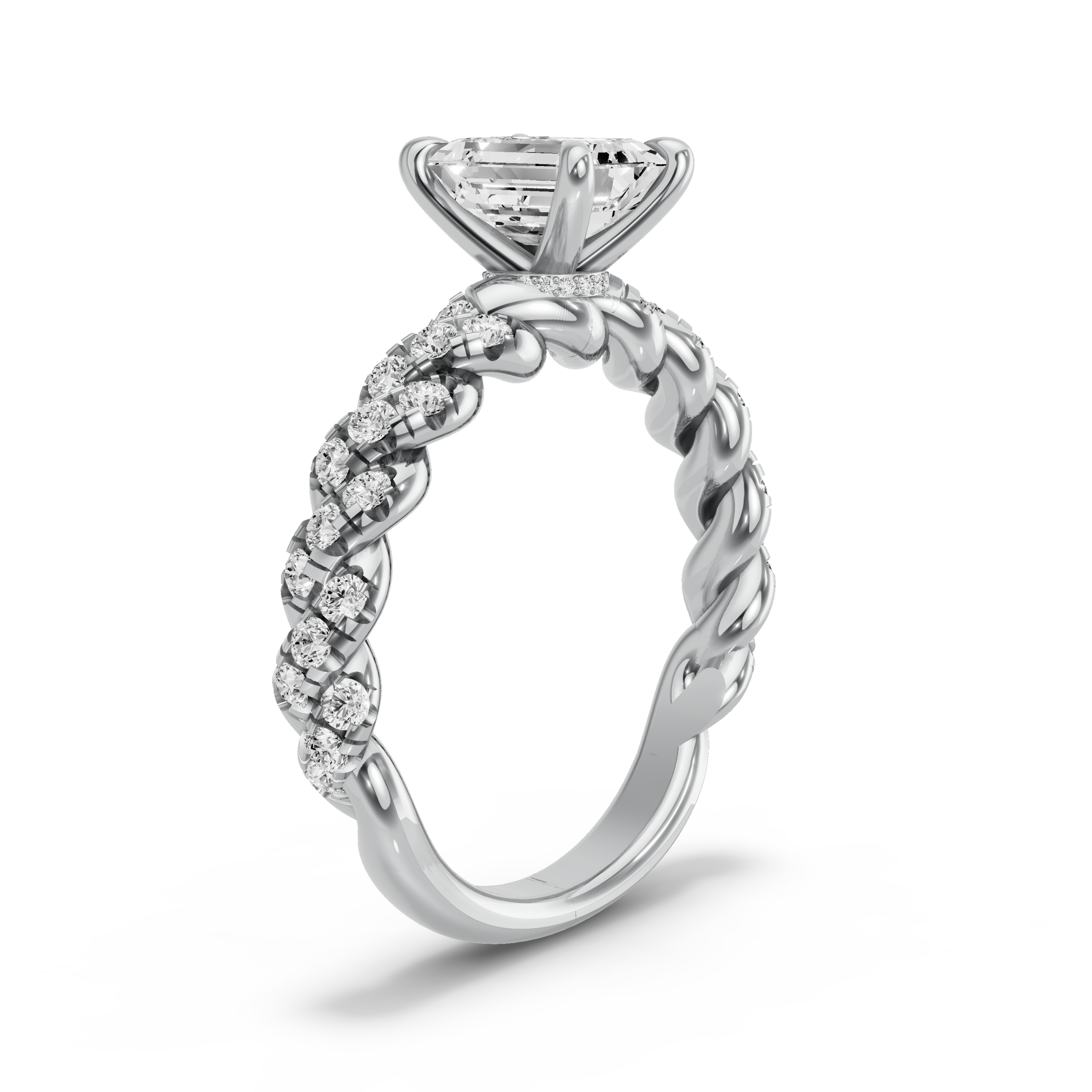 Image for Emerald Hidden Halo Ring with Twist Pave band in 18K White Gold