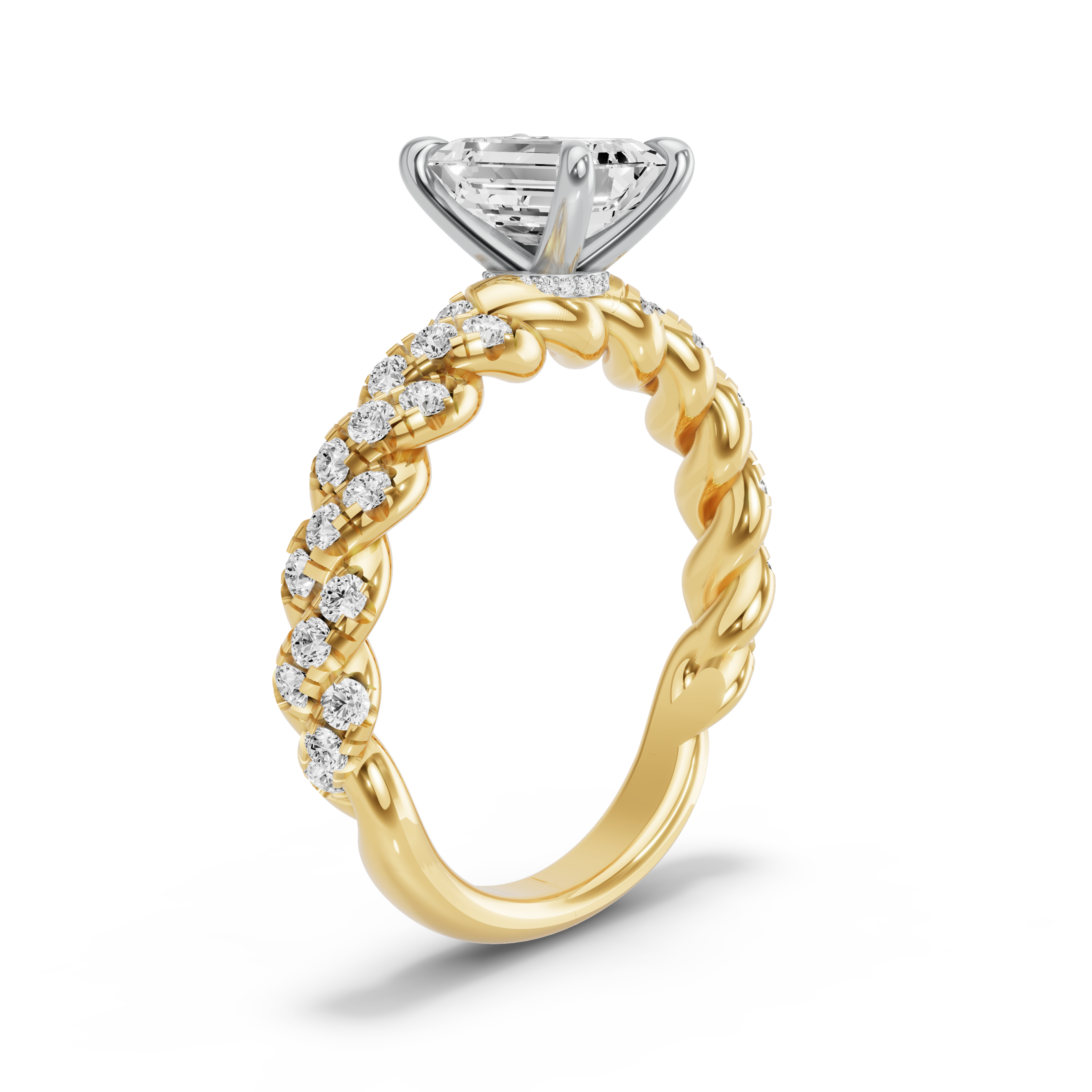 Image for Emerald Hidden Halo Ring with Twist Pave band in 10K Two Tone Yellow Gold