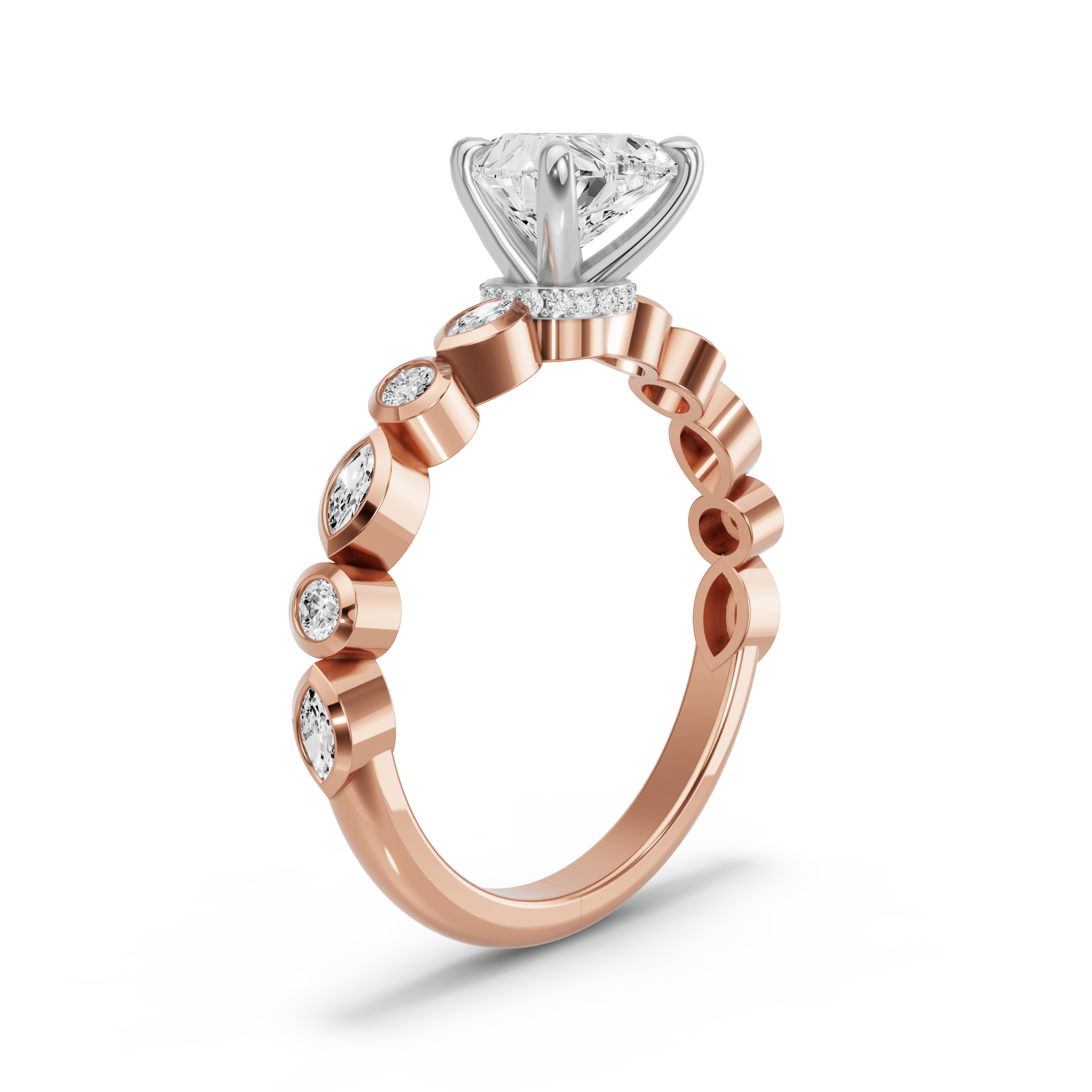 Image for Heart Hidden Halo Ring with Alternating Marquise band in 14K Two Tone Rose Gold