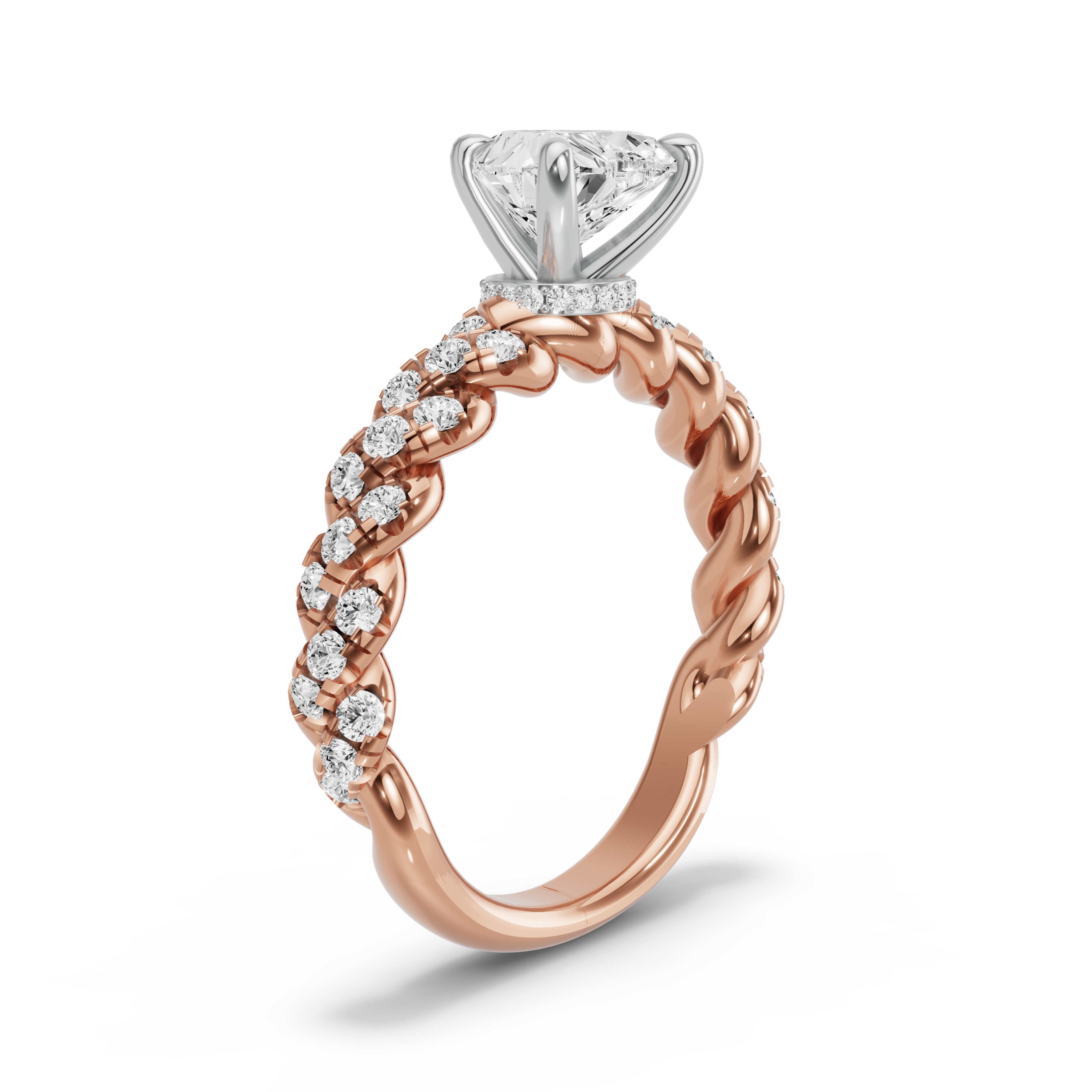 Image for Heart Hidden Halo Ring with Twist Pave band in 10K Two Tone Rose Gold