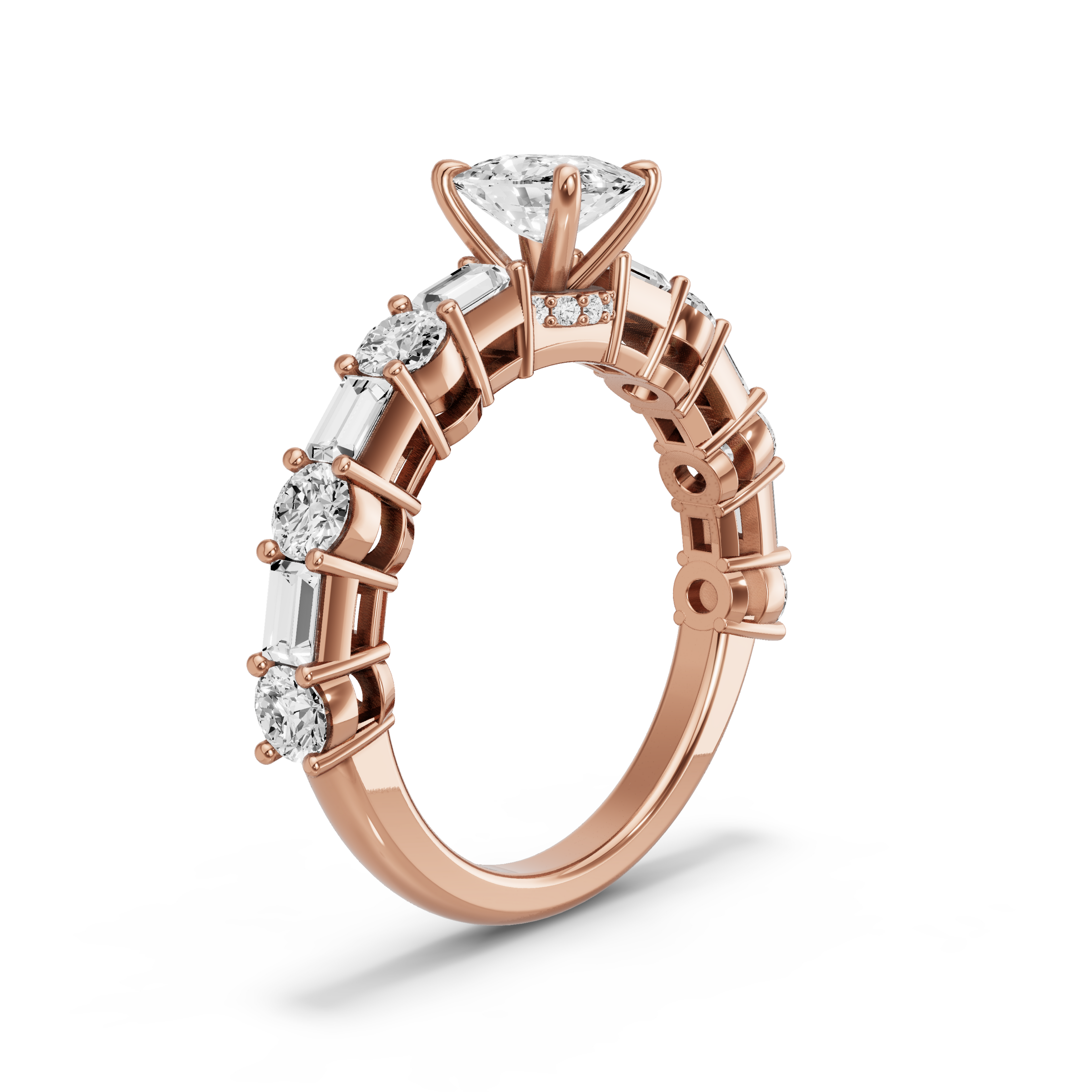 Image for Cushion Hidden Halo Ring with Alternating Baguette band in 10K Rose Gold