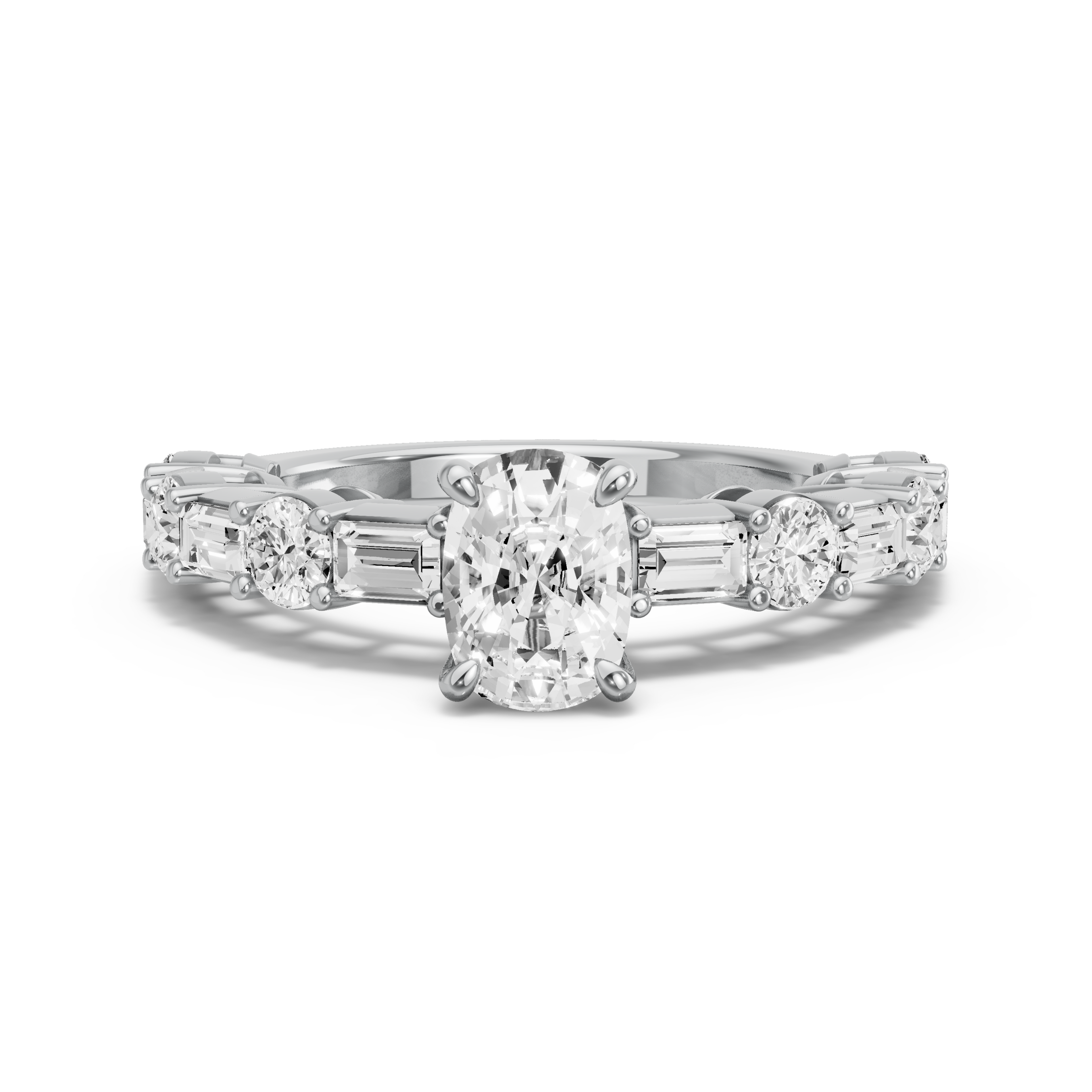 Image for Cushion Hidden Halo Ring with Alternating Baguette band in 10K White Gold
