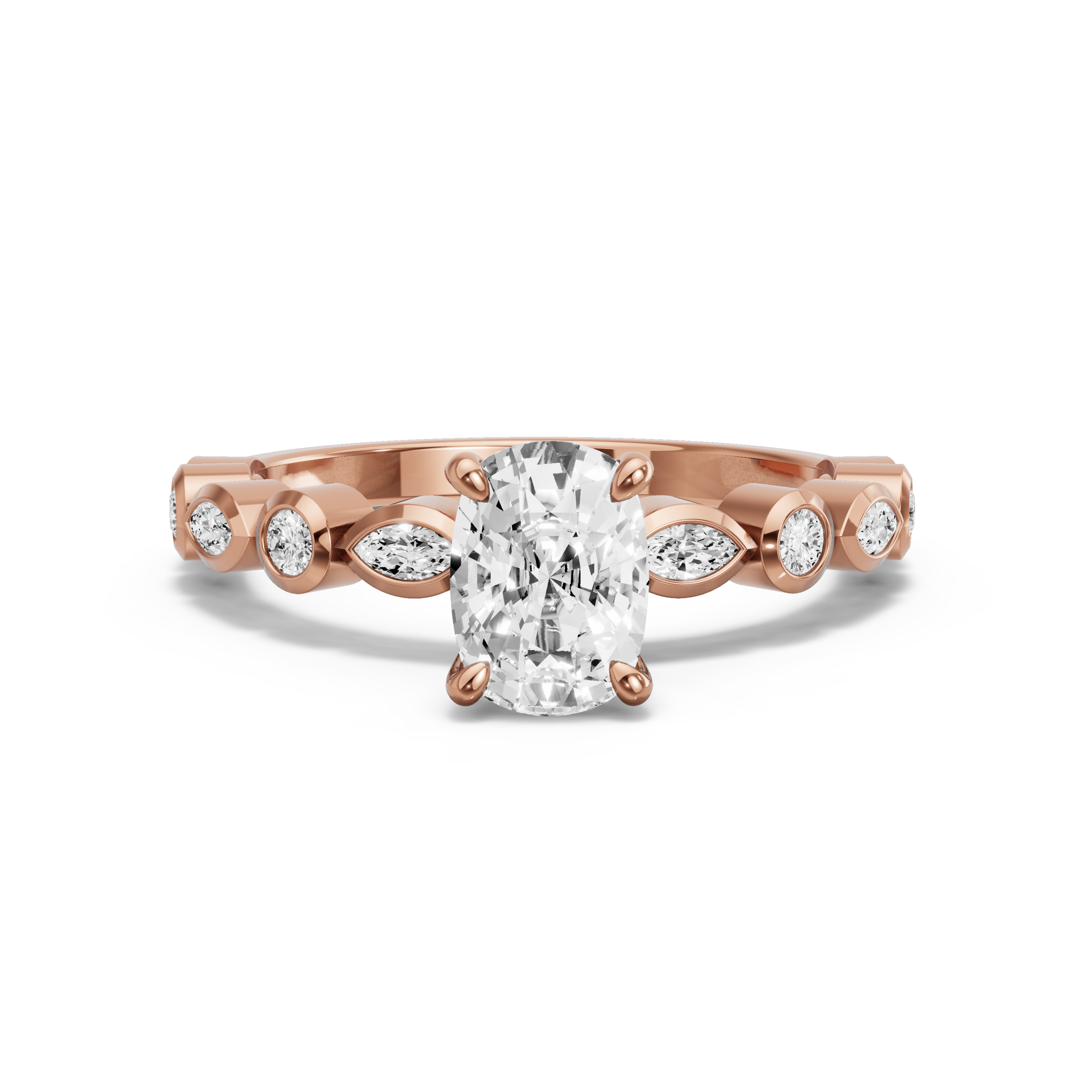 Image for Cushion Hidden Halo Ring with Alternating Marquise band in 10K Rose Gold