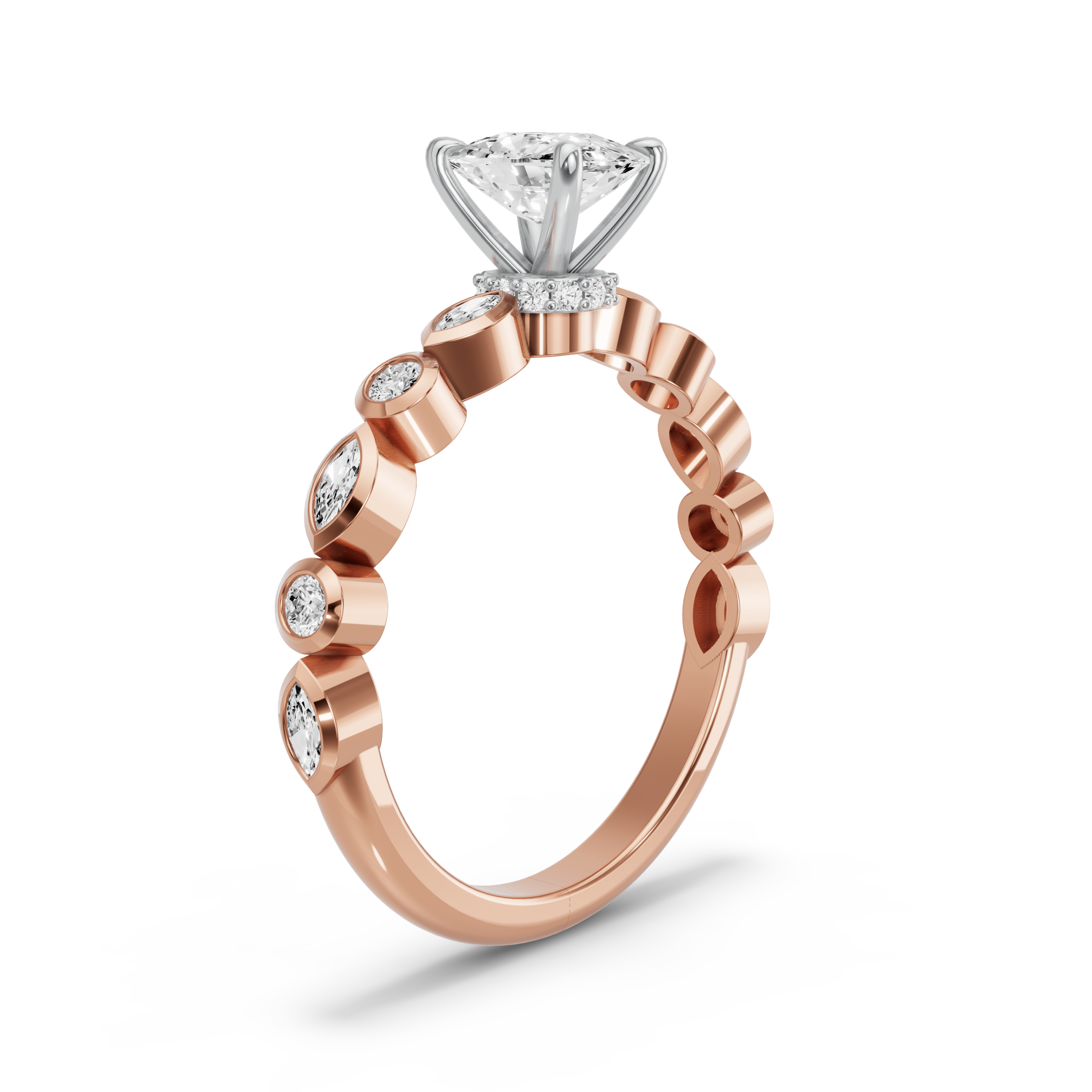 Image for Cushion Hidden Halo Ring with Alternating Marquise band in 18K Two Tone Rose Gold