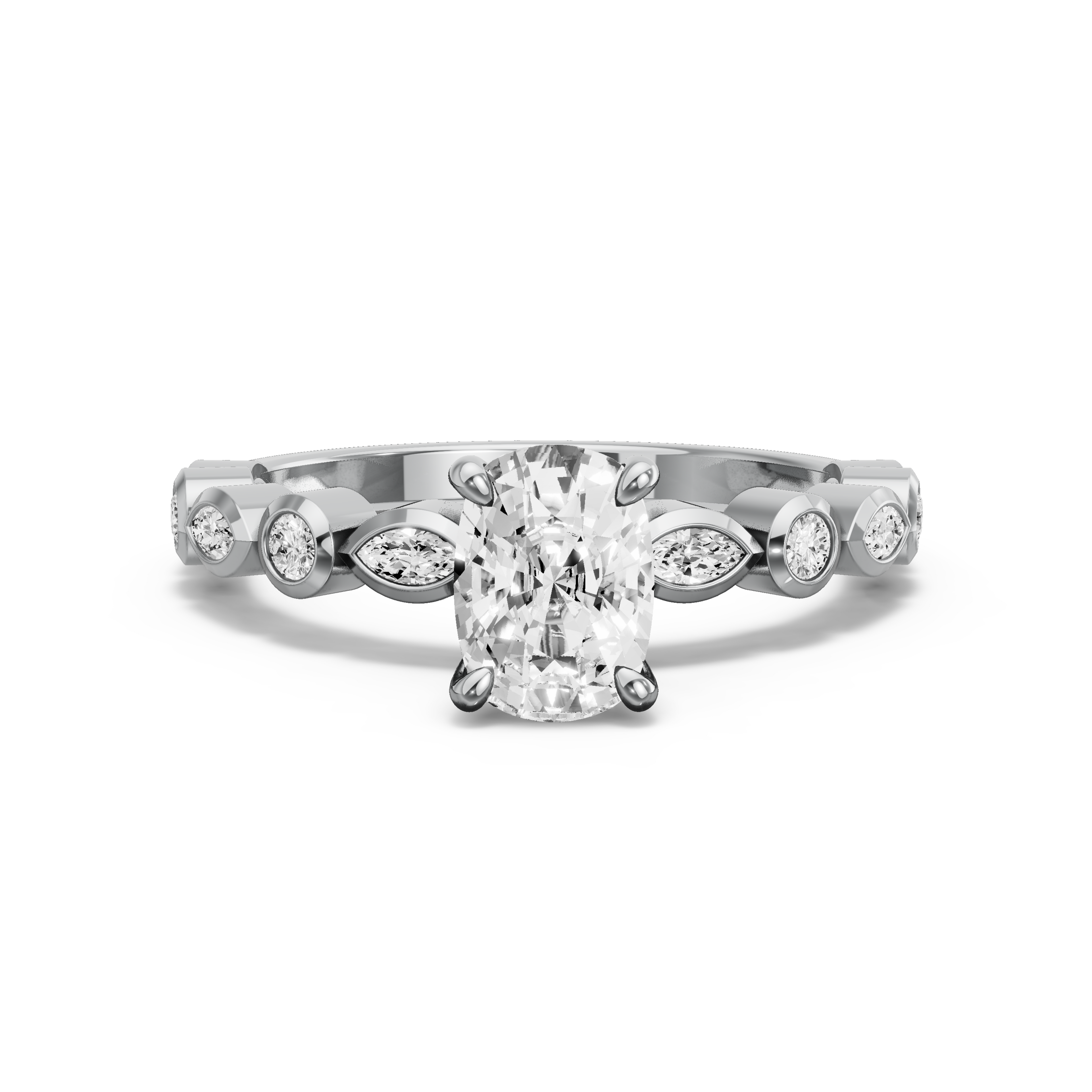 Image for Cushion Hidden Halo Ring with Alternating Marquise band in 18K White Gold