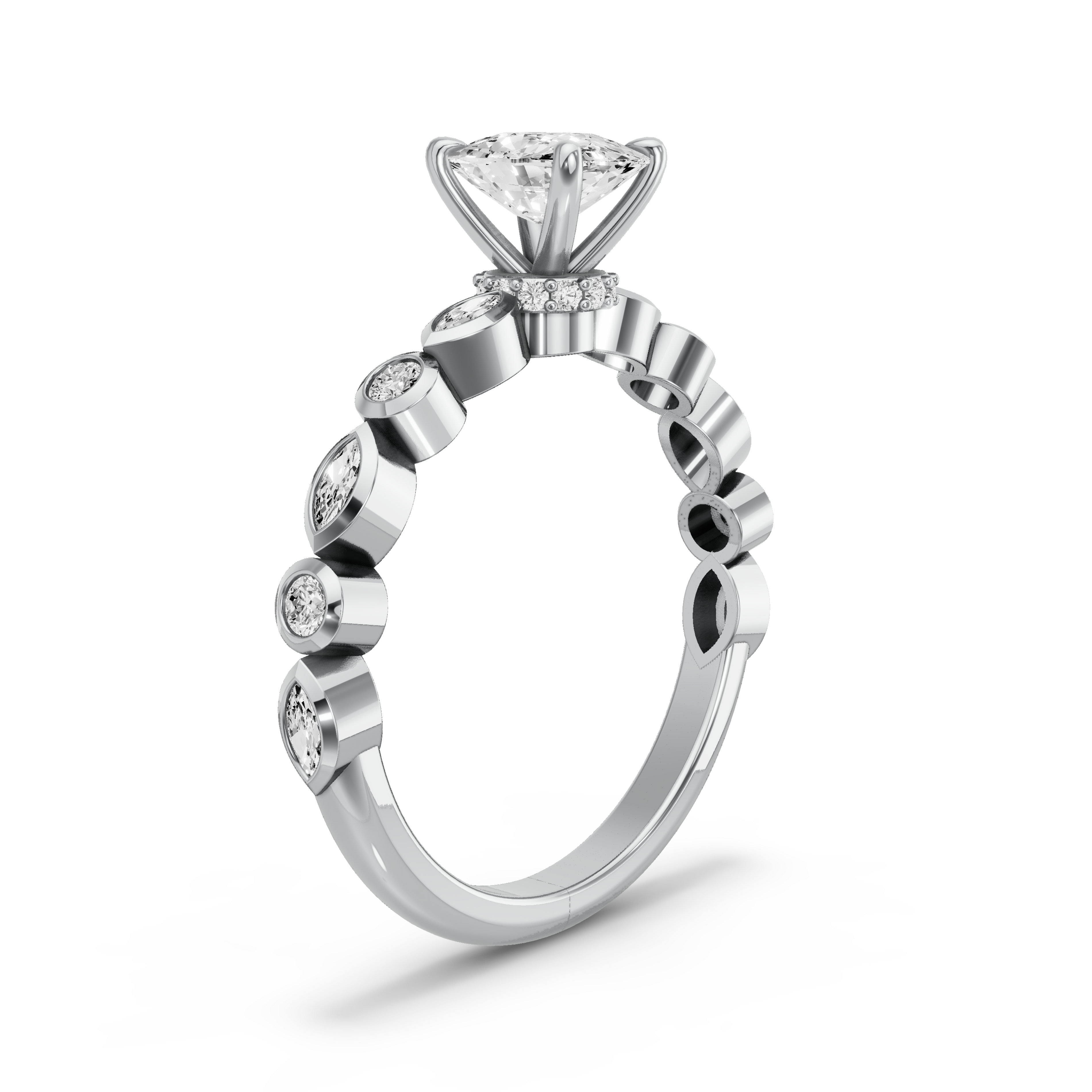 Image for Cushion Hidden Halo Ring with Alternating Marquise band in 14K White Gold