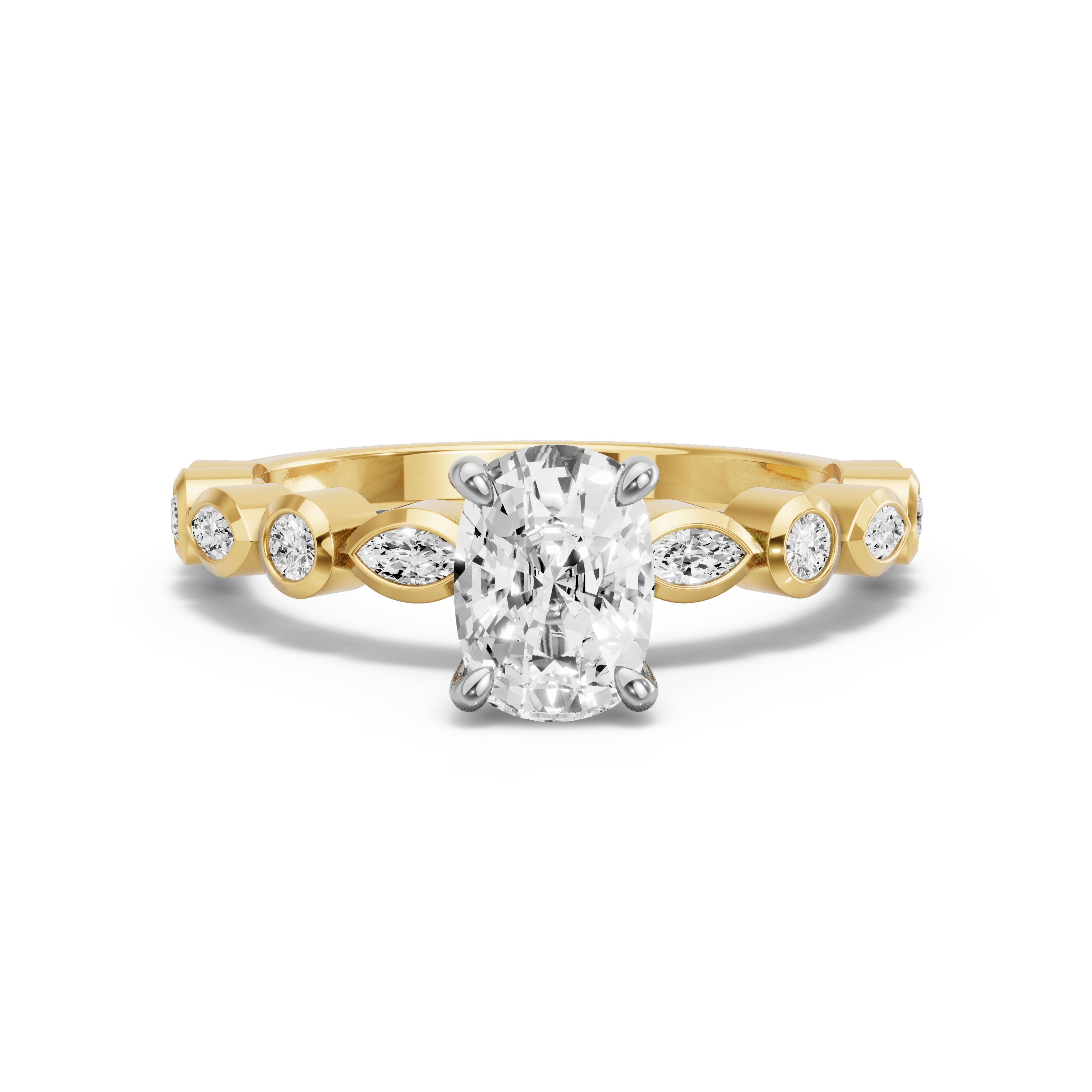 Image for Cushion Hidden Halo Ring with Alternating Marquise band in 18K Two Tone Yellow Gold
