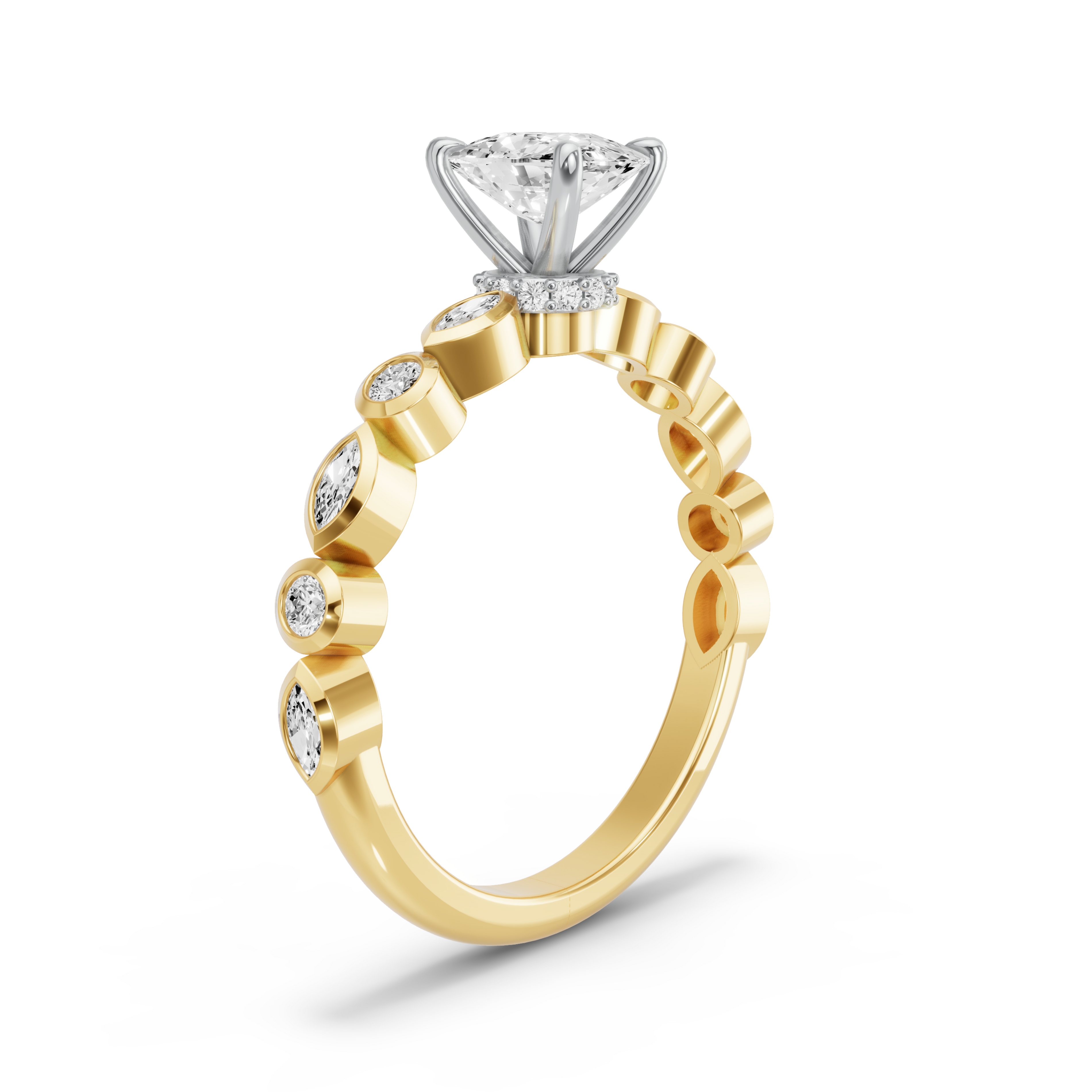 Image for Cushion Hidden Halo Ring with Alternating Marquise band in 14K Two Tone Yellow Gold