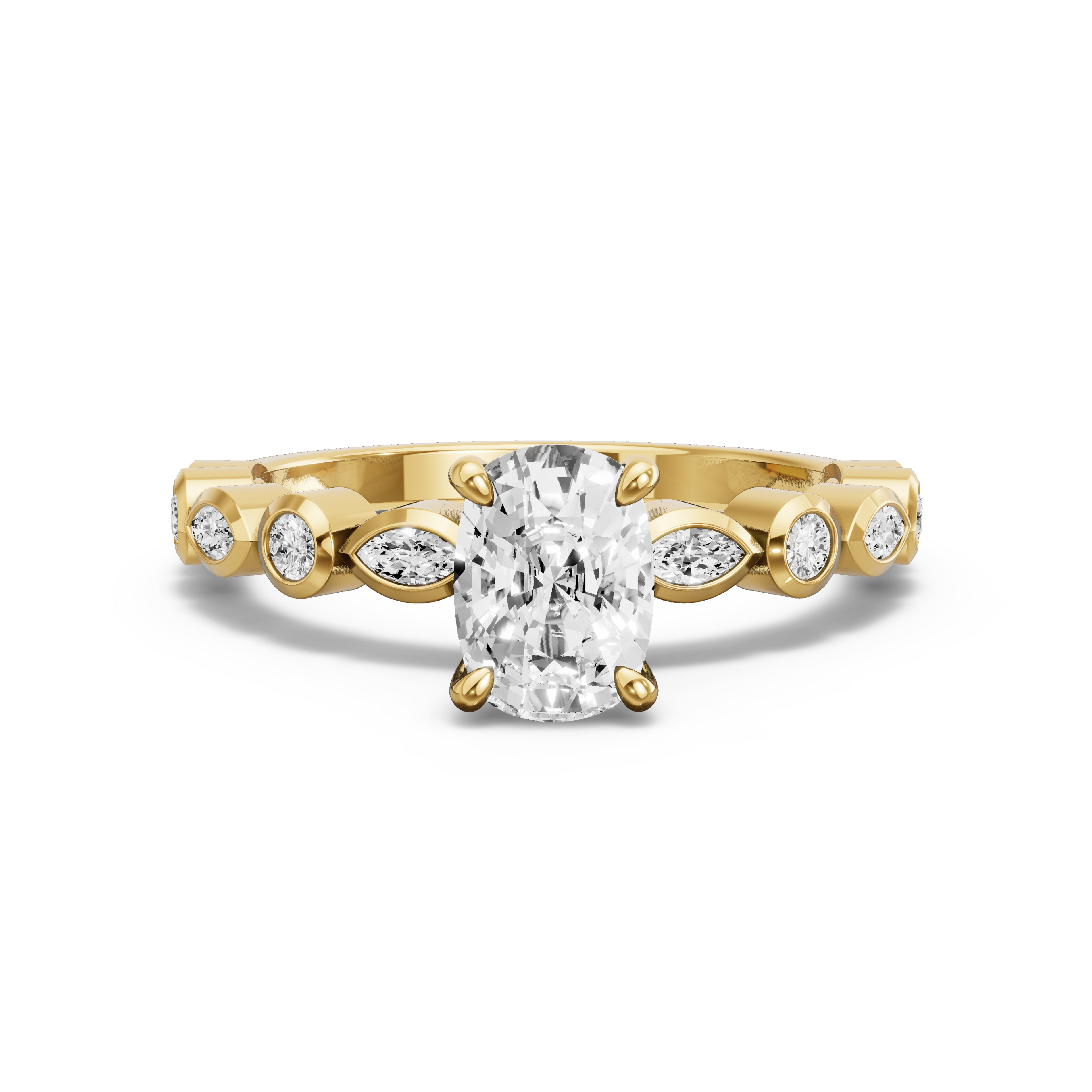 Image for Cushion Hidden Halo Ring with Alternating Marquise band in 14K Yellow Gold