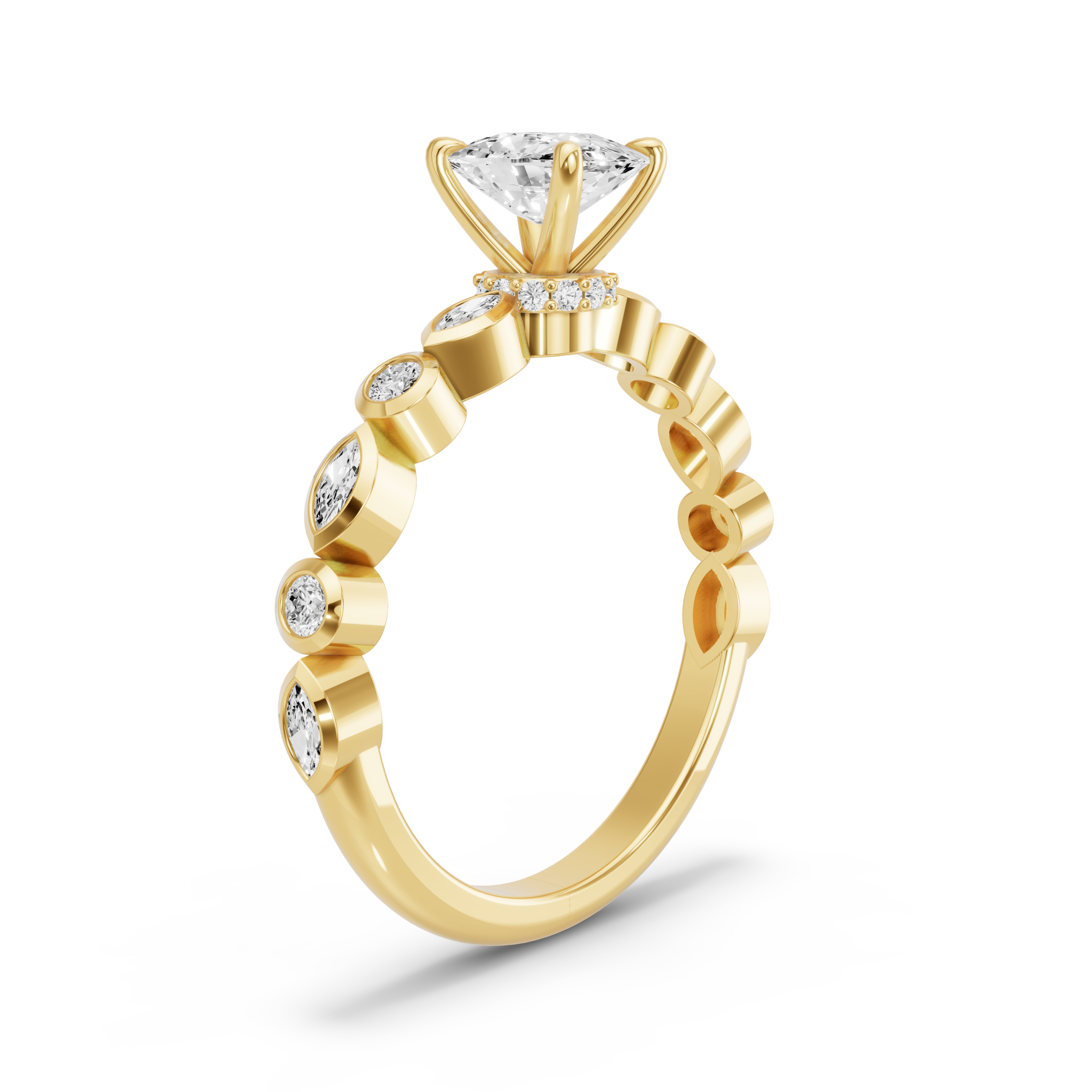 Image for Cushion Hidden Halo Ring with Alternating Marquise band in 10K Yellow Gold