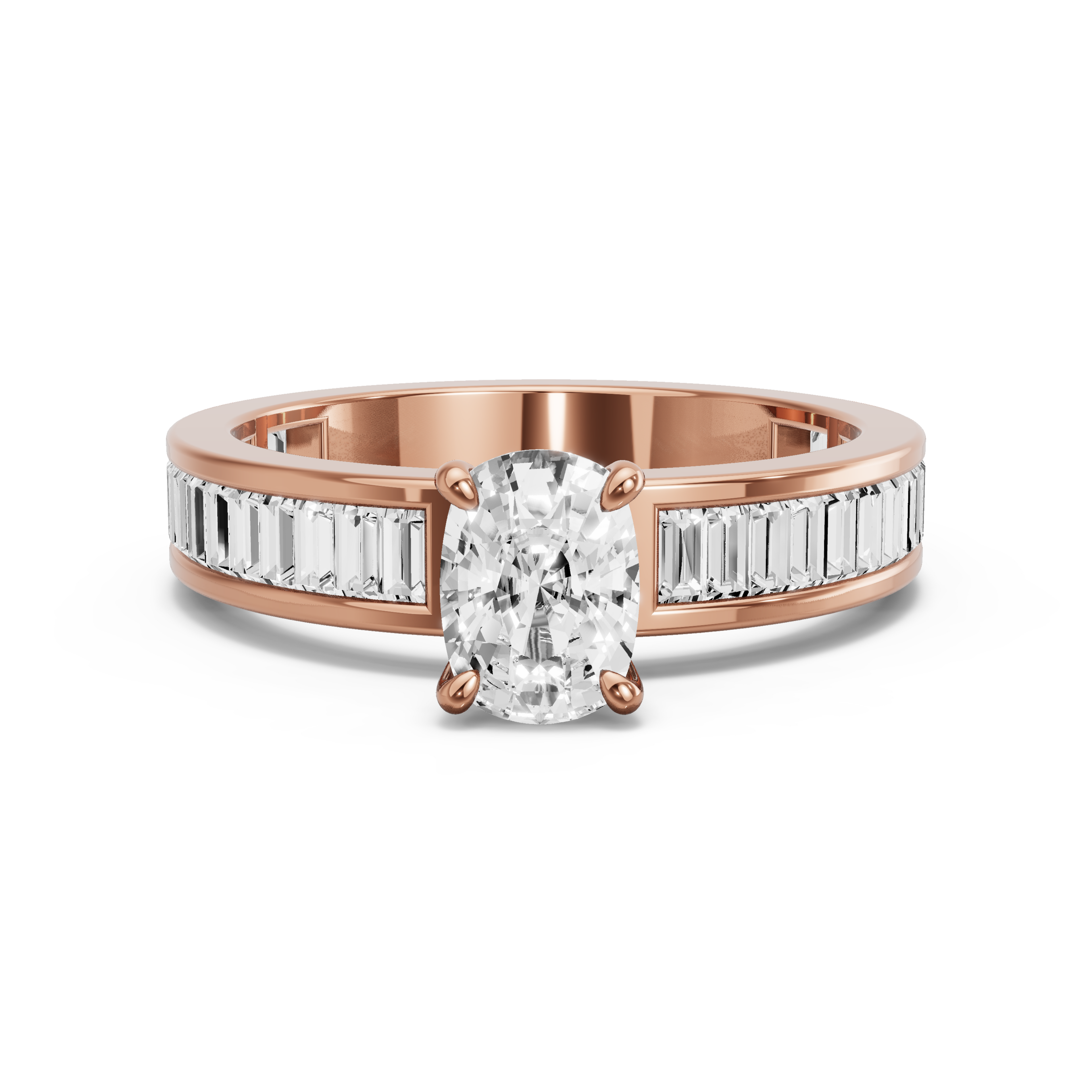 Image for Cushion Hidden Halo Ring with Baguette Channel band in 14K Rose Gold
