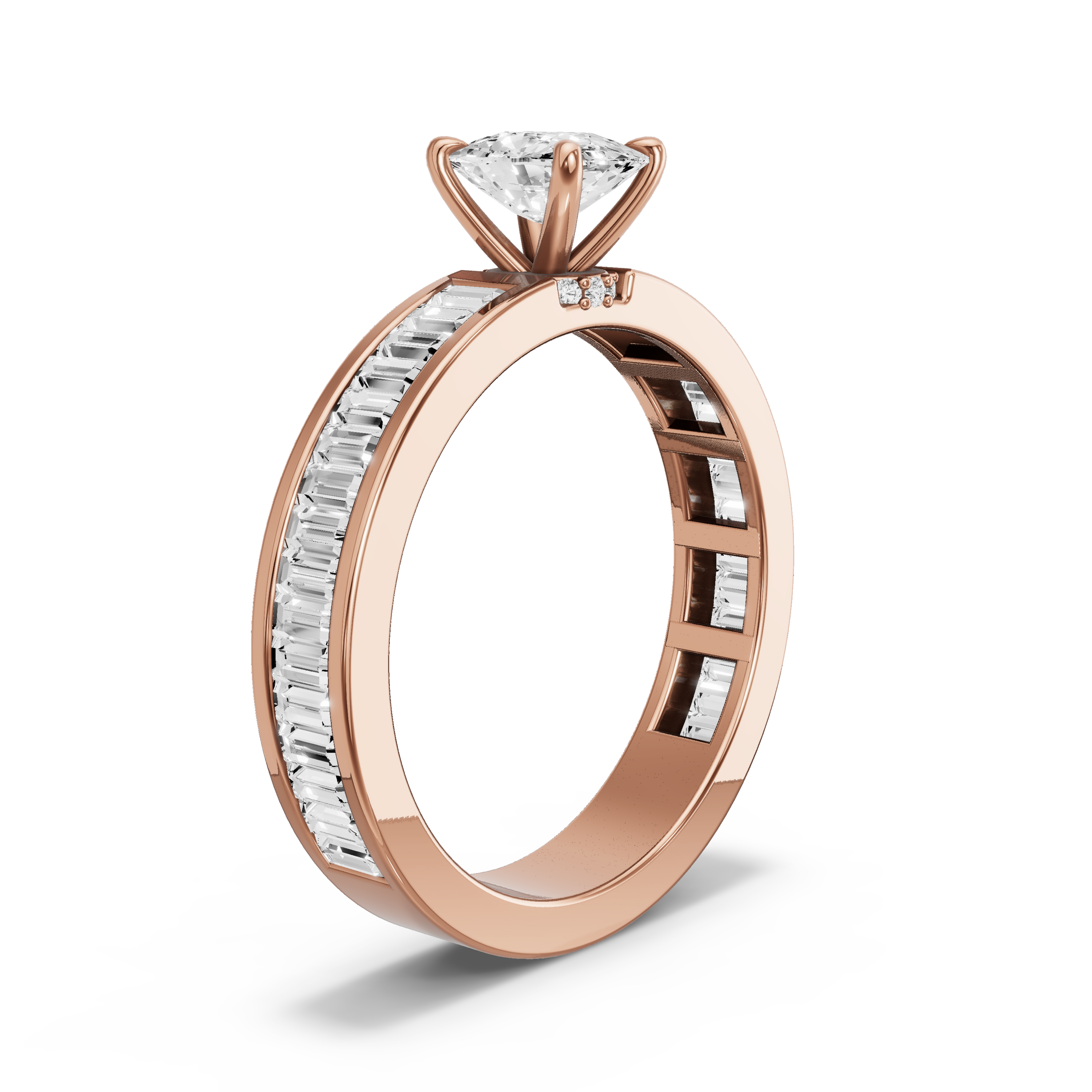 Image for Cushion Hidden Halo Ring with Baguette Channel band in 14K Rose Gold