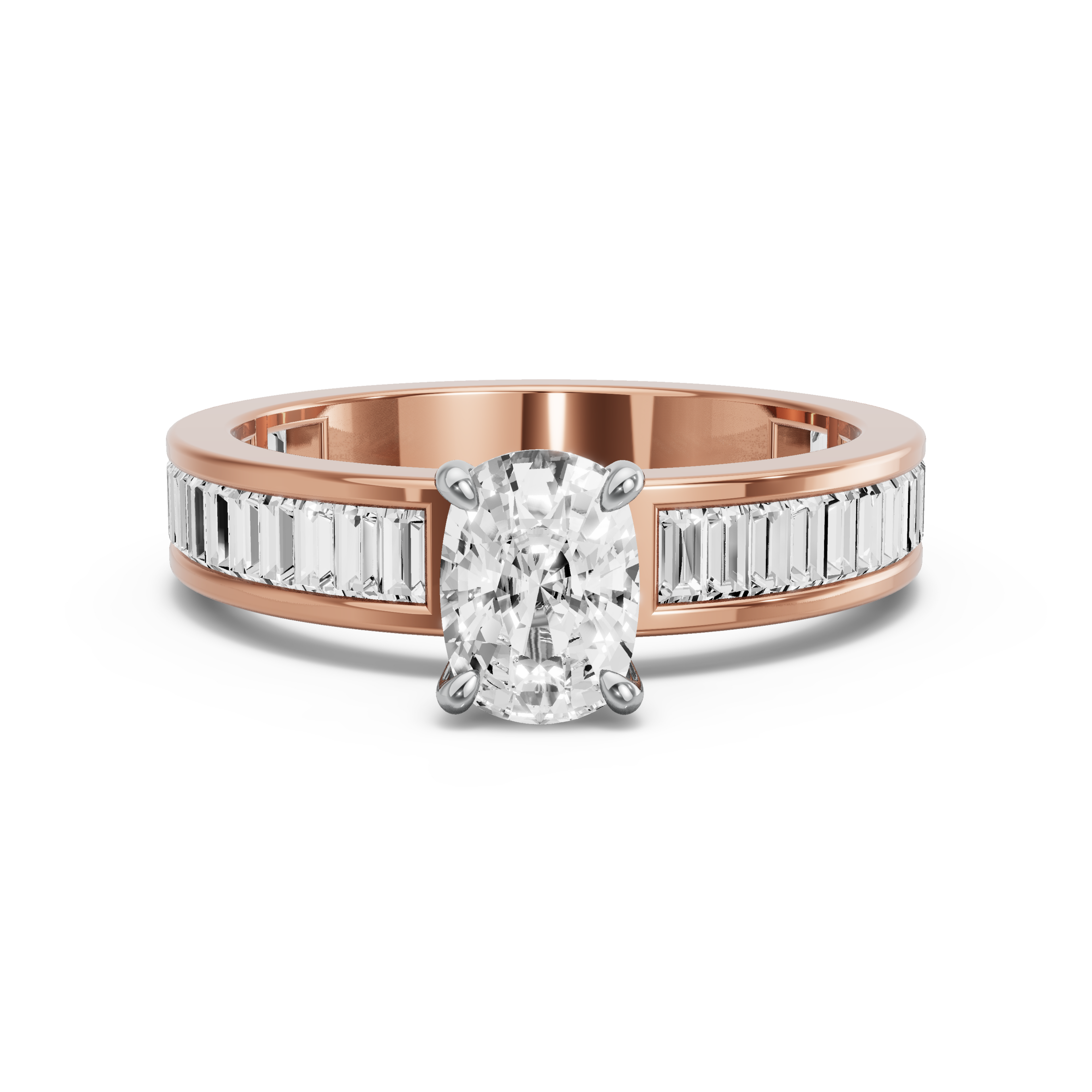 Image for Cushion Hidden Halo Ring with Baguette Channel band in 10K Two Tone Rose Gold