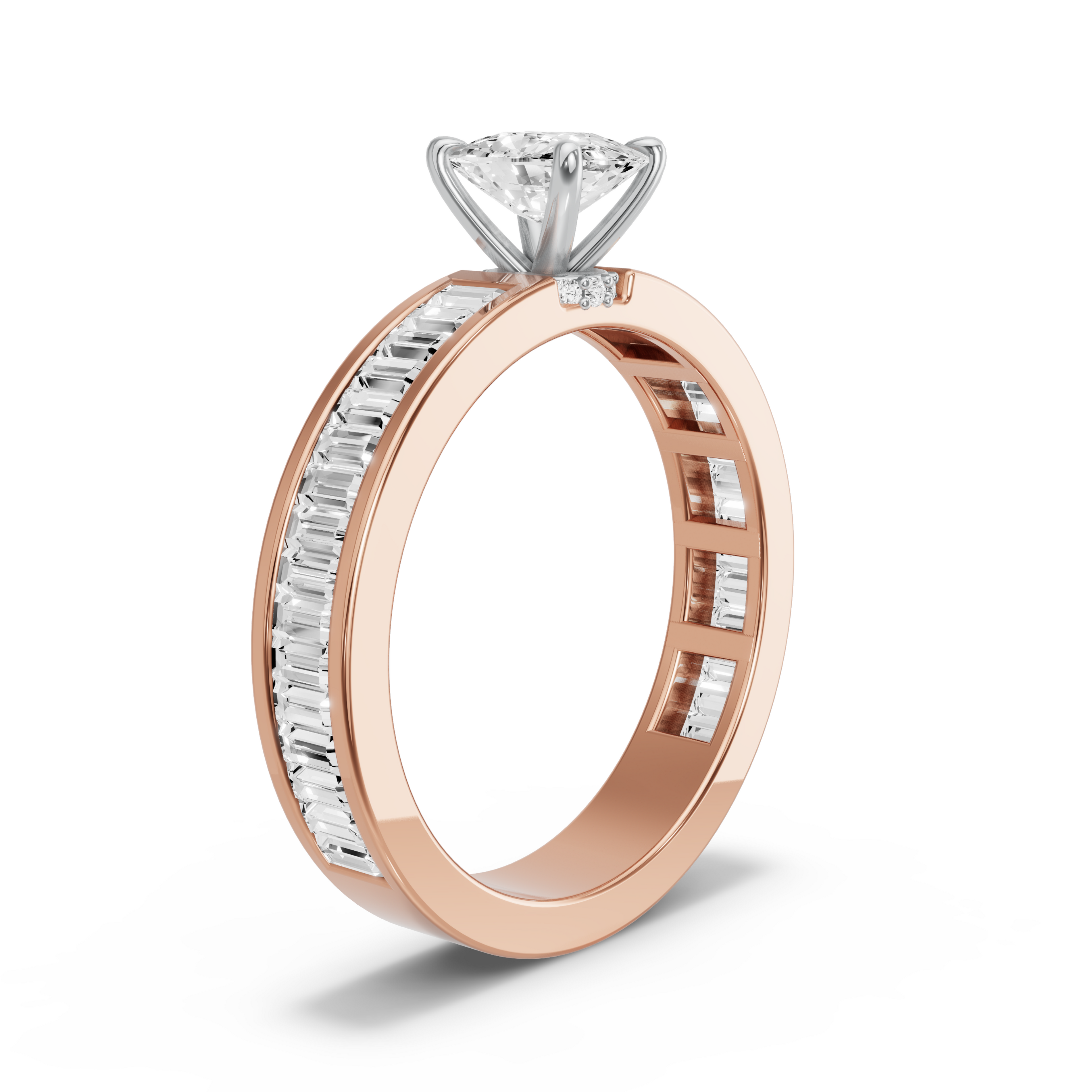 Image for Cushion Hidden Halo Ring with Baguette Channel band in 14K Two Tone Rose Gold