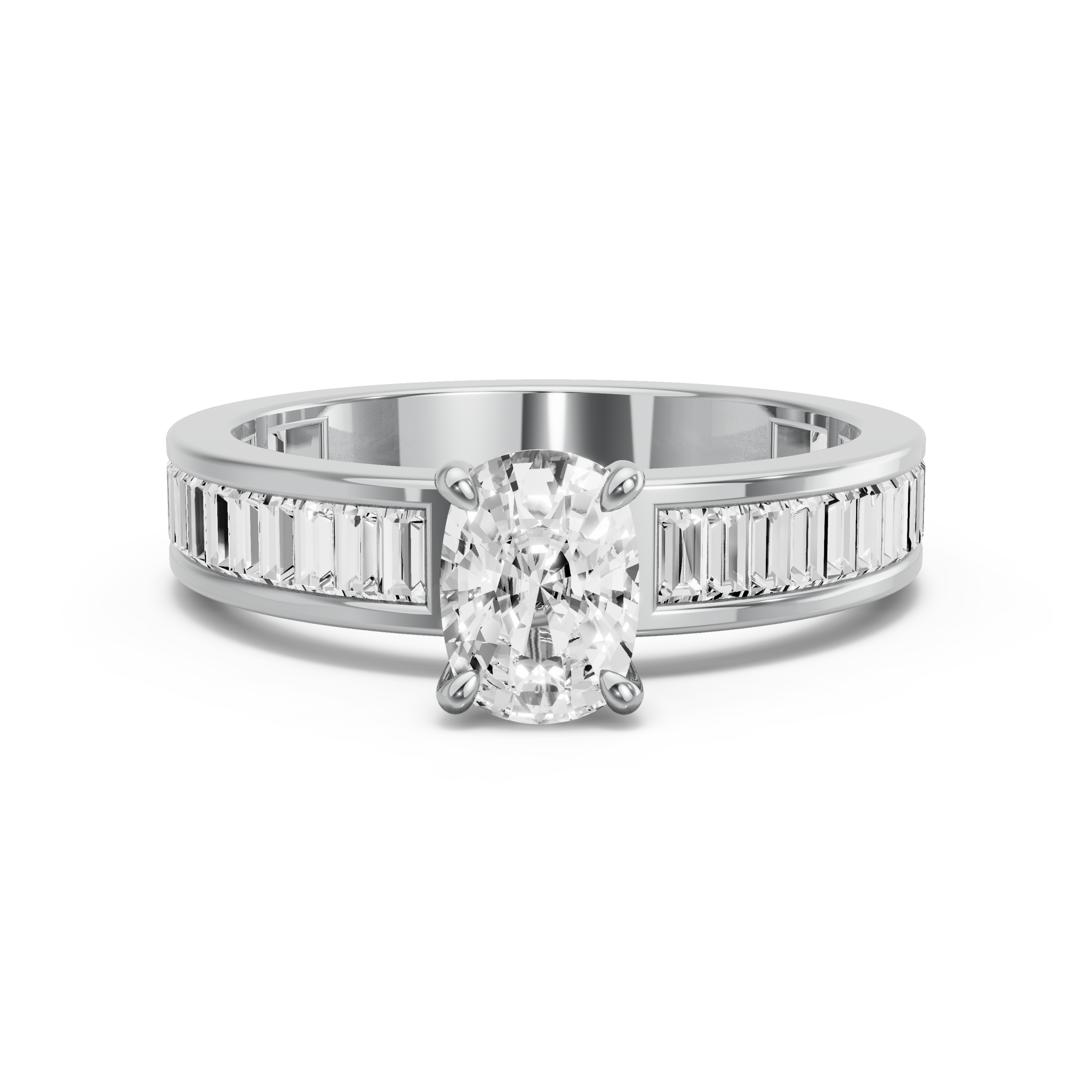Image for Cushion Hidden Halo Ring with Baguette Channel band in 10K White Gold