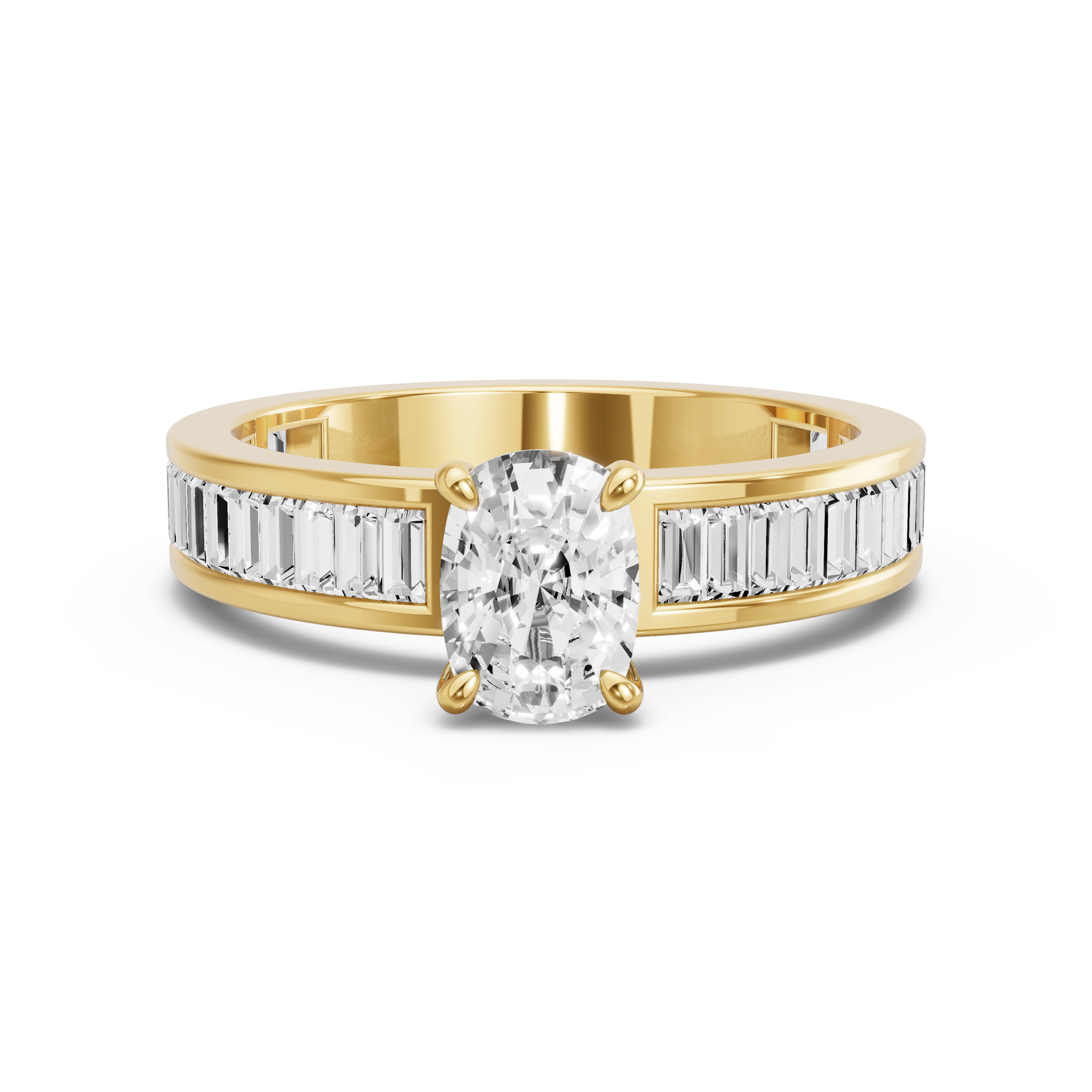Image for Cushion Hidden Halo Ring with Baguette Channel band in 18K Yellow Gold