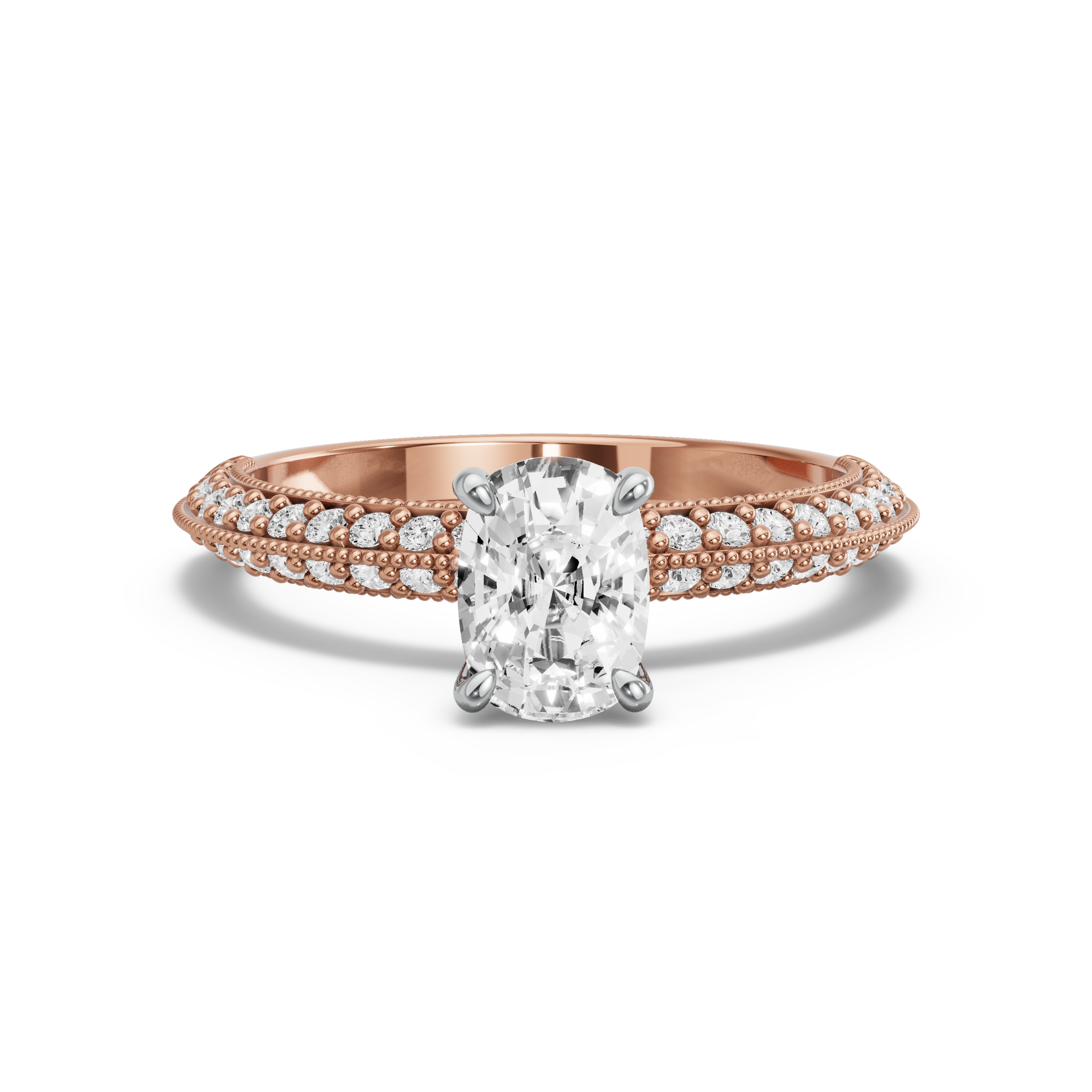 Image for Cushion Hidden Halo Ring with Knife Edge Pave band in 10K Two Tone Rose Gold