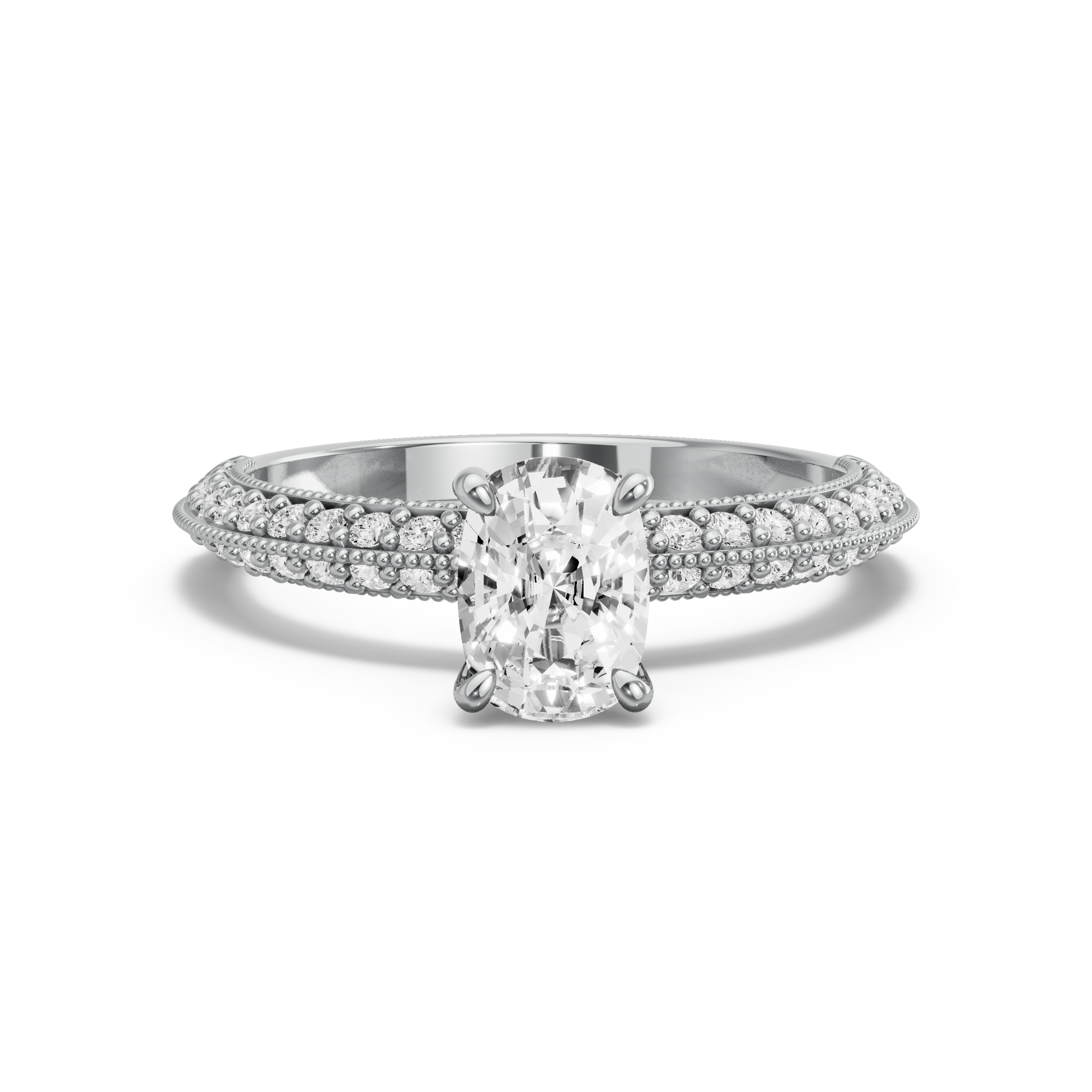 Image for Cushion Hidden Halo Ring with Knife Edge Pave band in 14K White Gold