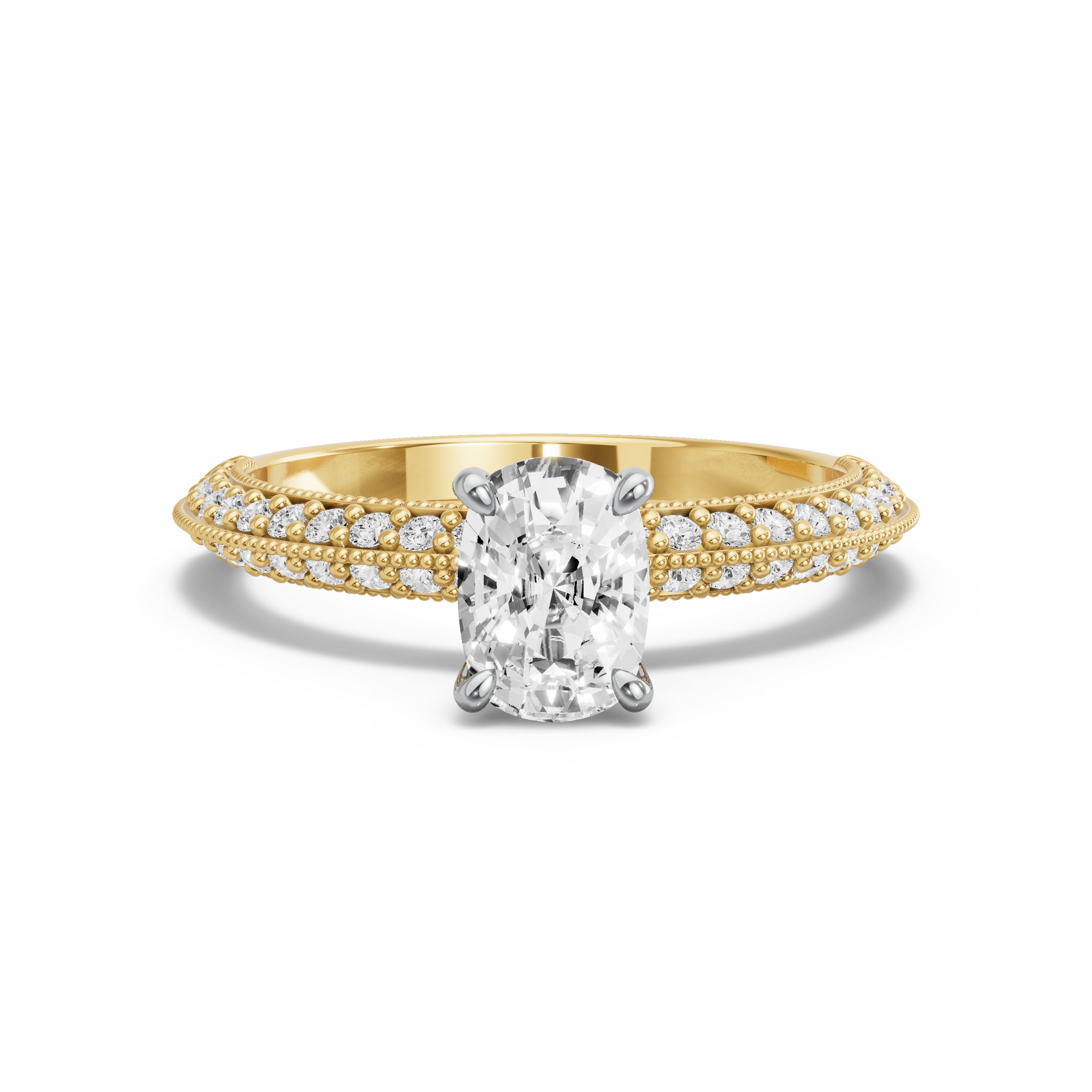 Image for Cushion Hidden Halo Ring with Knife Edge Pave band in 10K Two Tone Yellow Gold