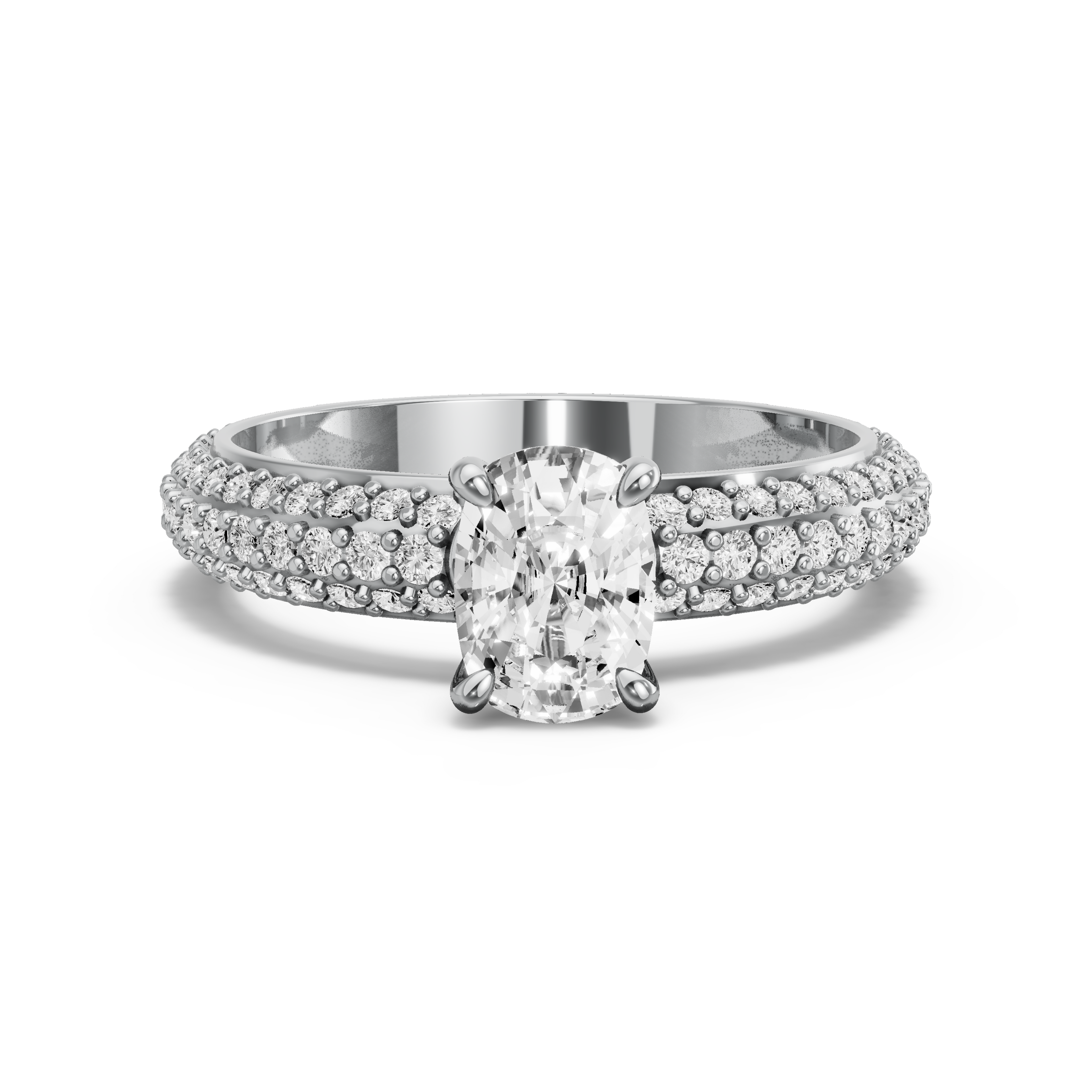 Image for Cushion Hidden Halo Ring with Triple Row Pave band in 14K White Gold