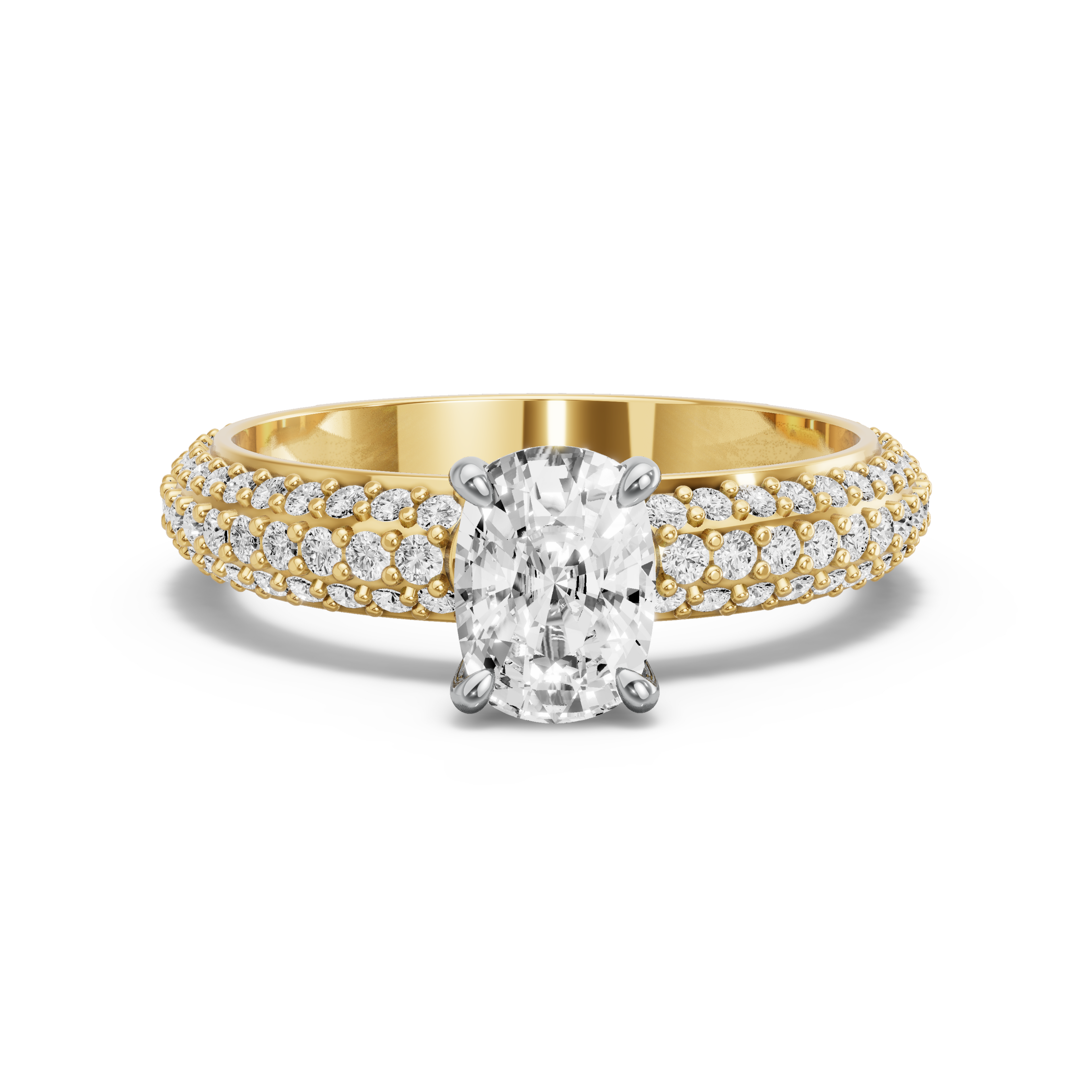 Image for Cushion Hidden Halo Ring with Triple Row Pave band in 10K Two Tone Yellow Gold