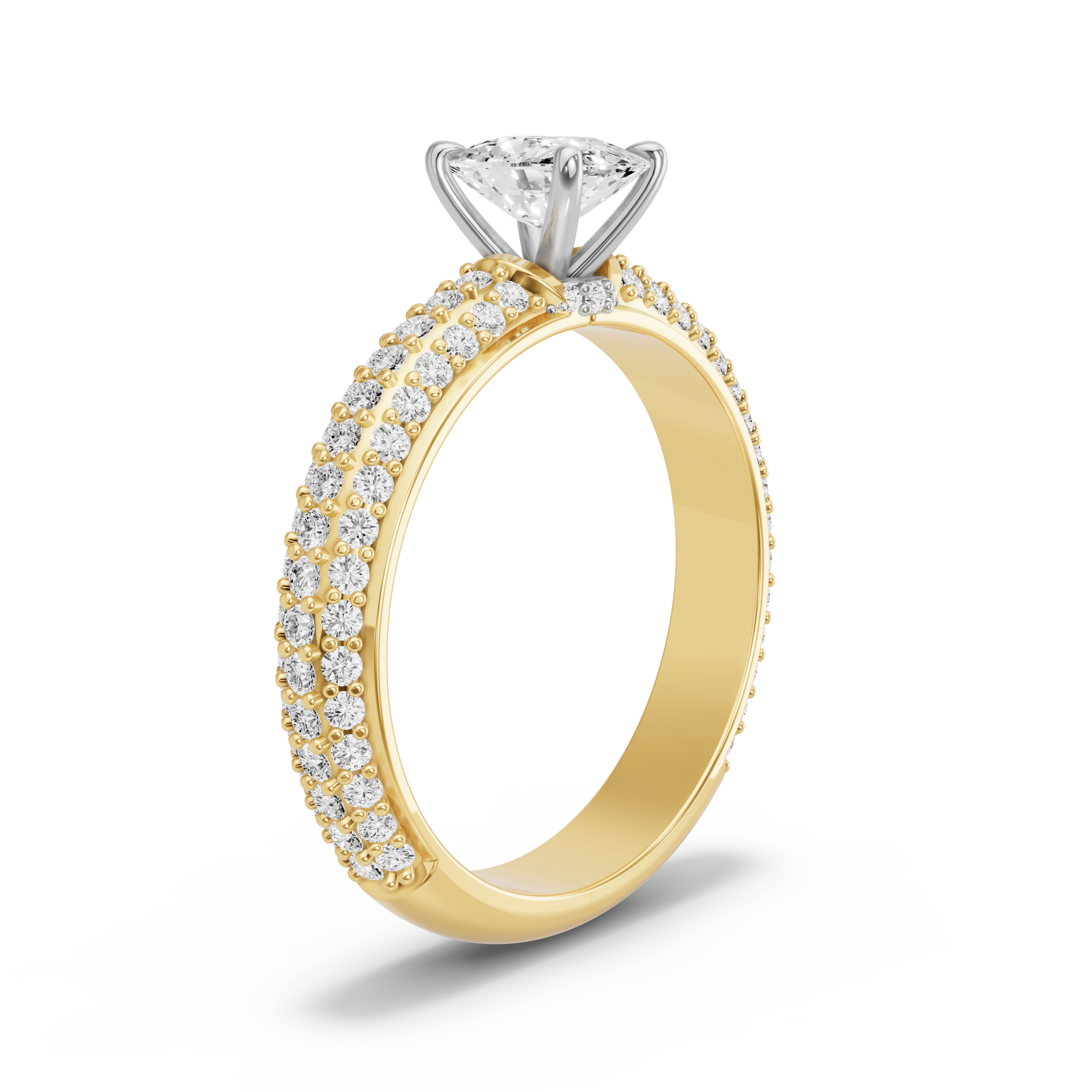 Image for Cushion Hidden Halo Ring with Triple Row Pave band in 18K Two Tone Yellow Gold