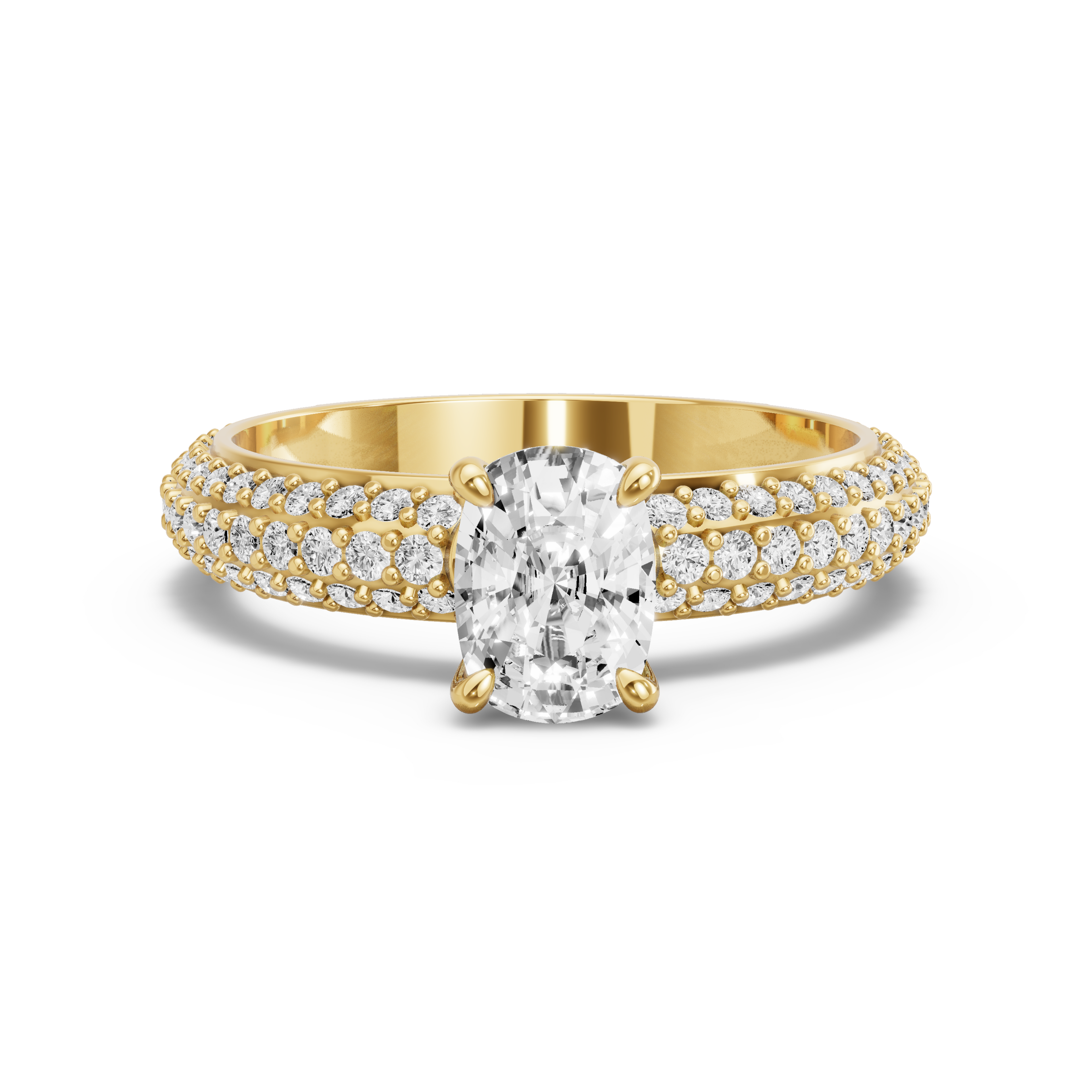 Image for Cushion Hidden Halo Ring with Triple Row Pave band in 10K Yellow Gold