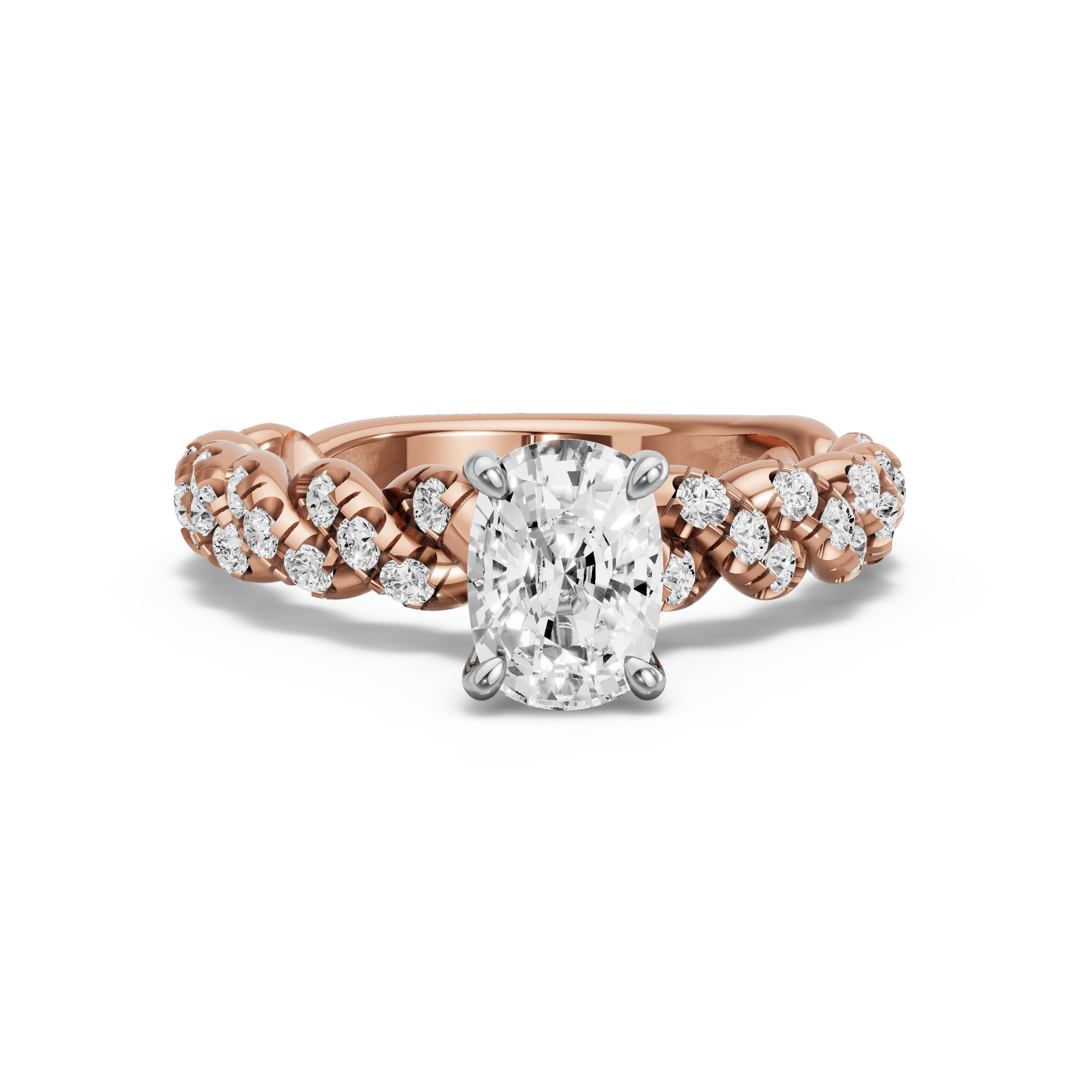Image for Cushion Hidden Halo Ring with Twist Pave band in 14K Two Tone Rose Gold