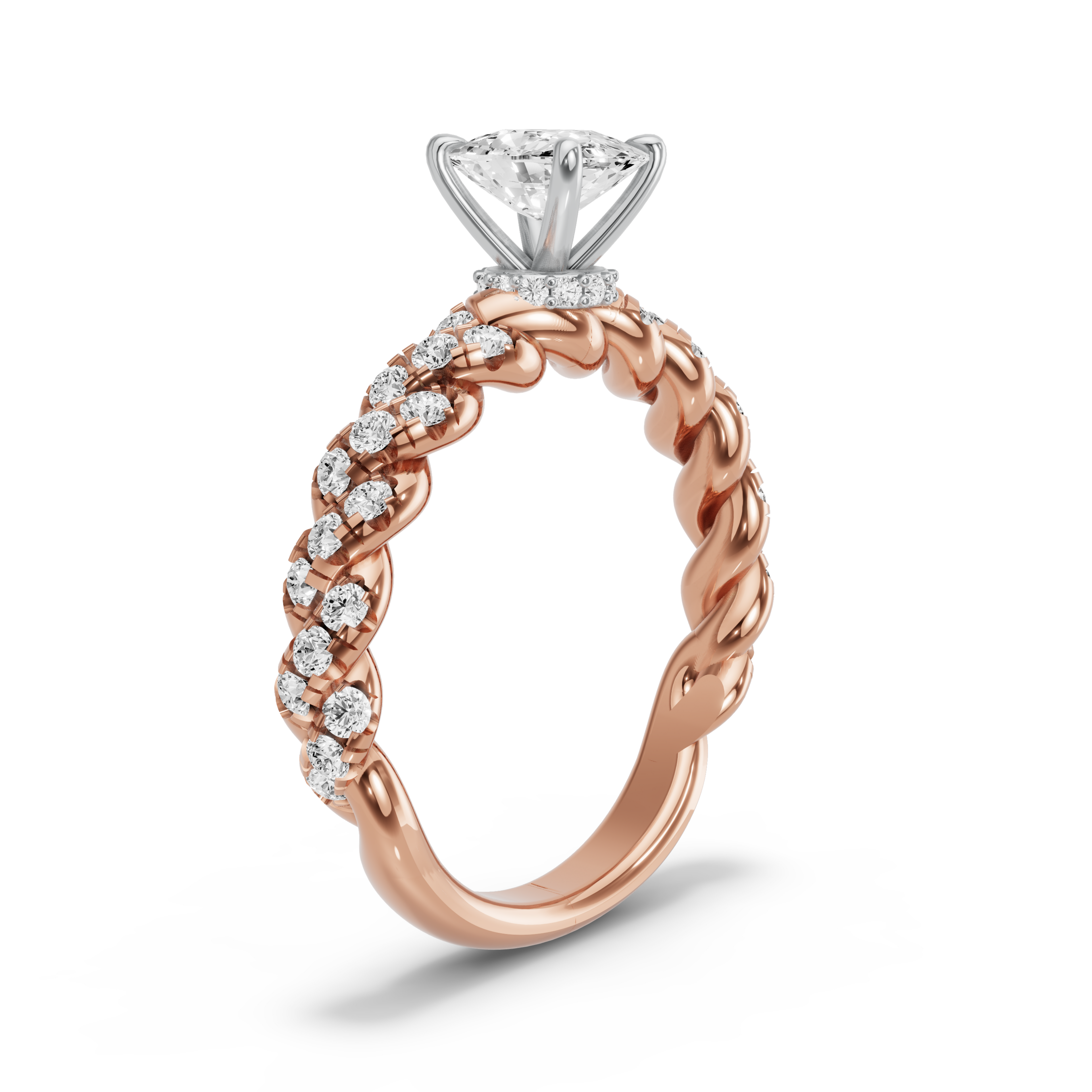 Image for Cushion Hidden Halo Ring with Twist Pave band in 18K Two Tone Rose Gold