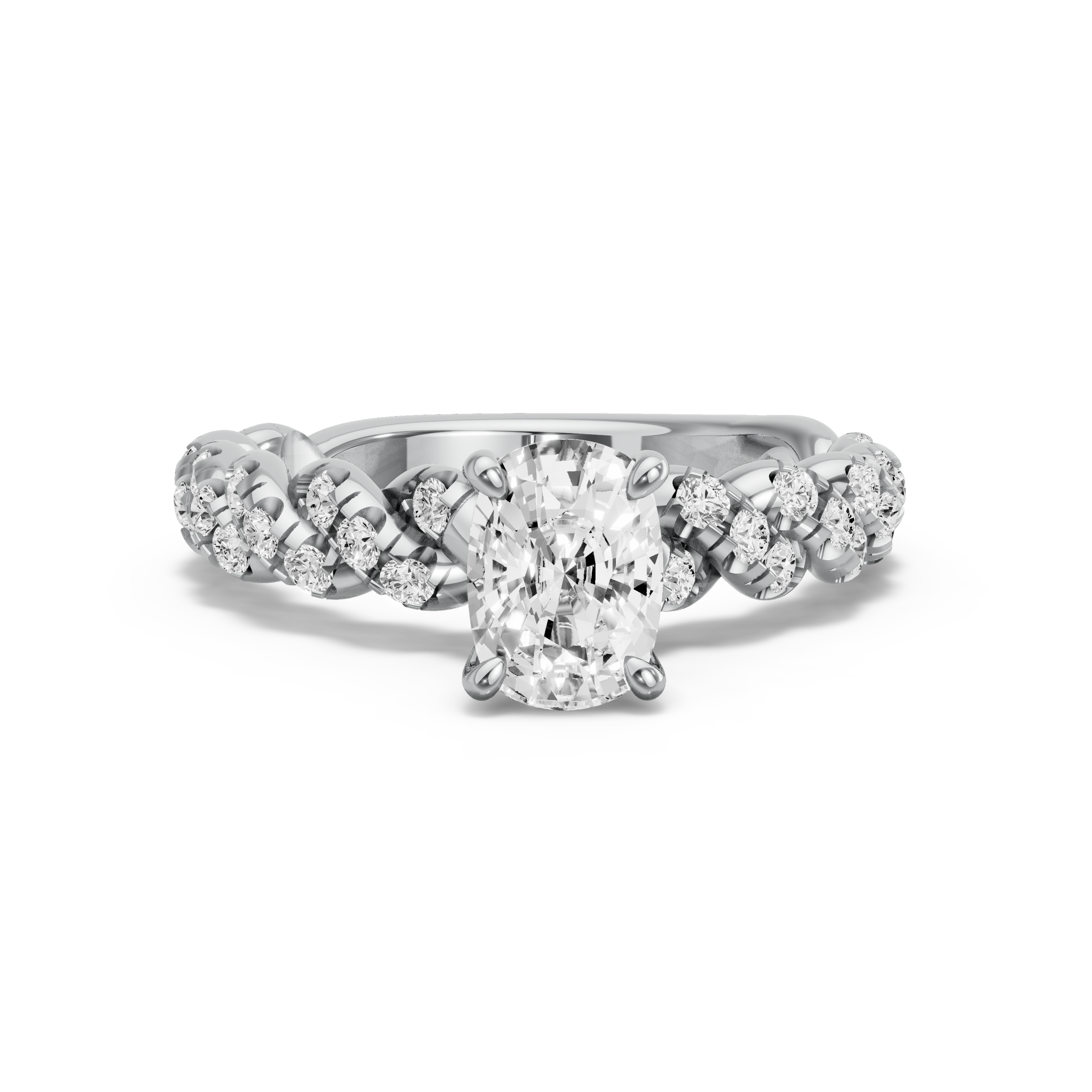 Image for Cushion Hidden Halo Ring with Twist Pave band in 18K White Gold