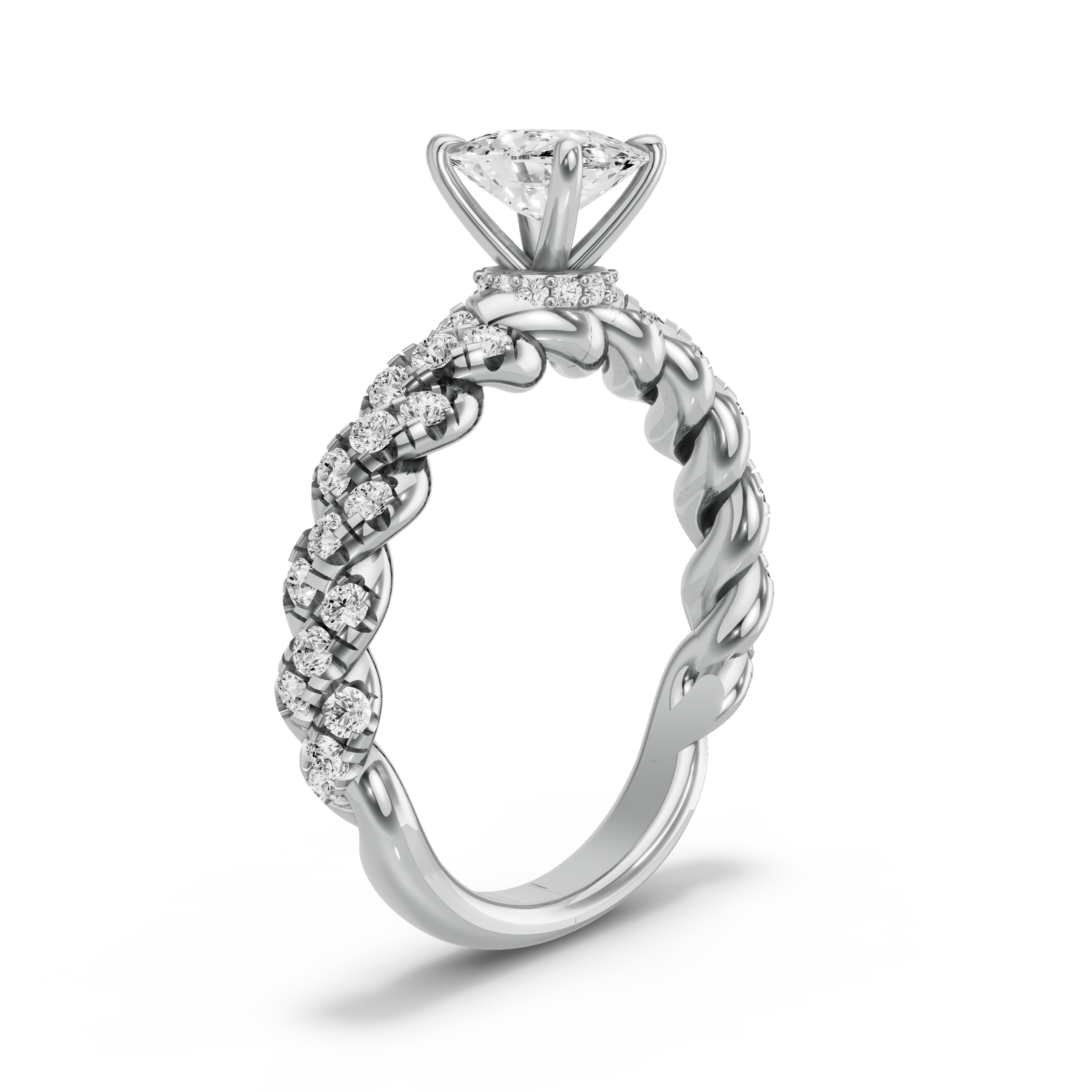 Image for Cushion Hidden Halo Ring with Twist Pave band in 10K White Gold