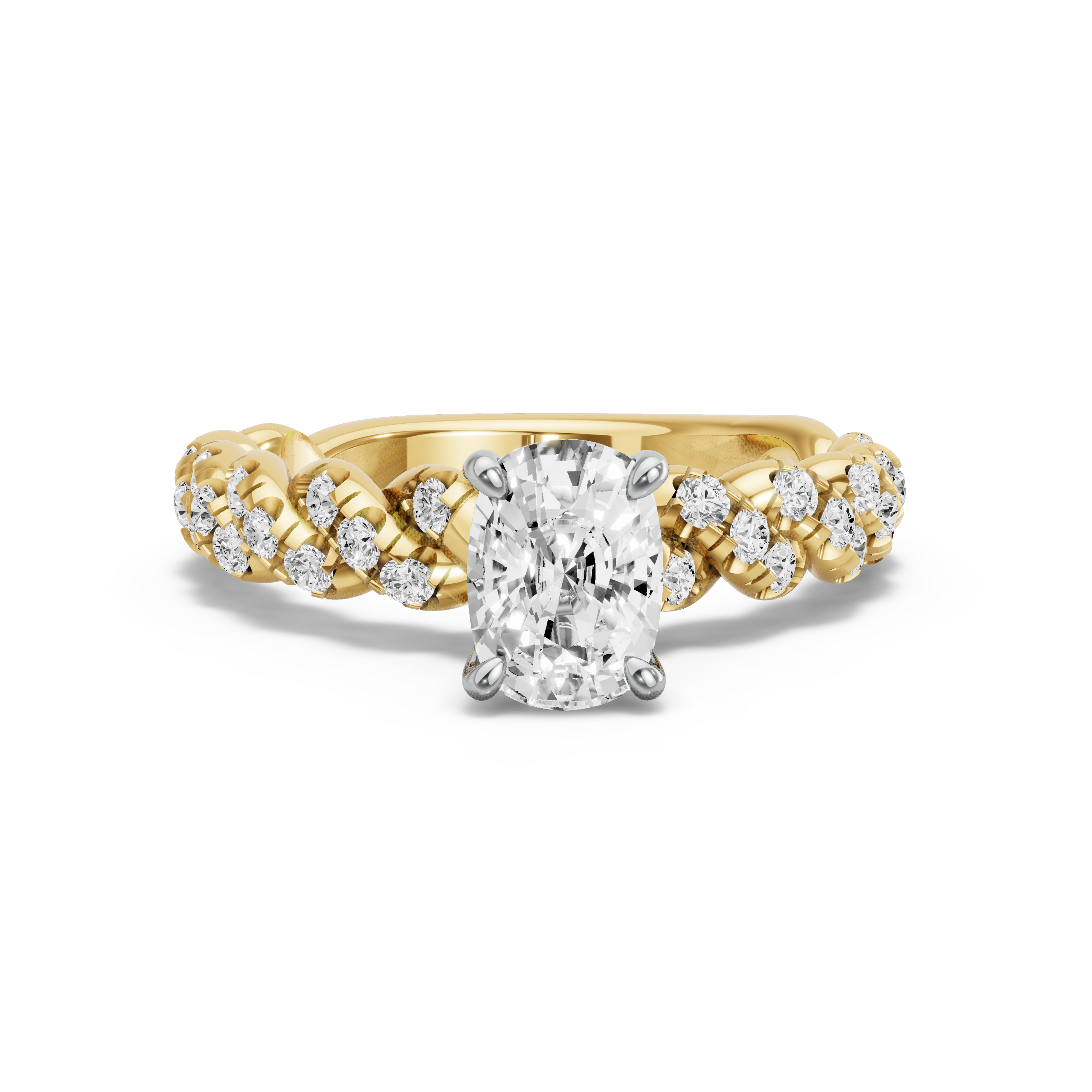 Image for Cushion Hidden Halo Ring with Twist Pave band in 14K Two Tone Yellow Gold