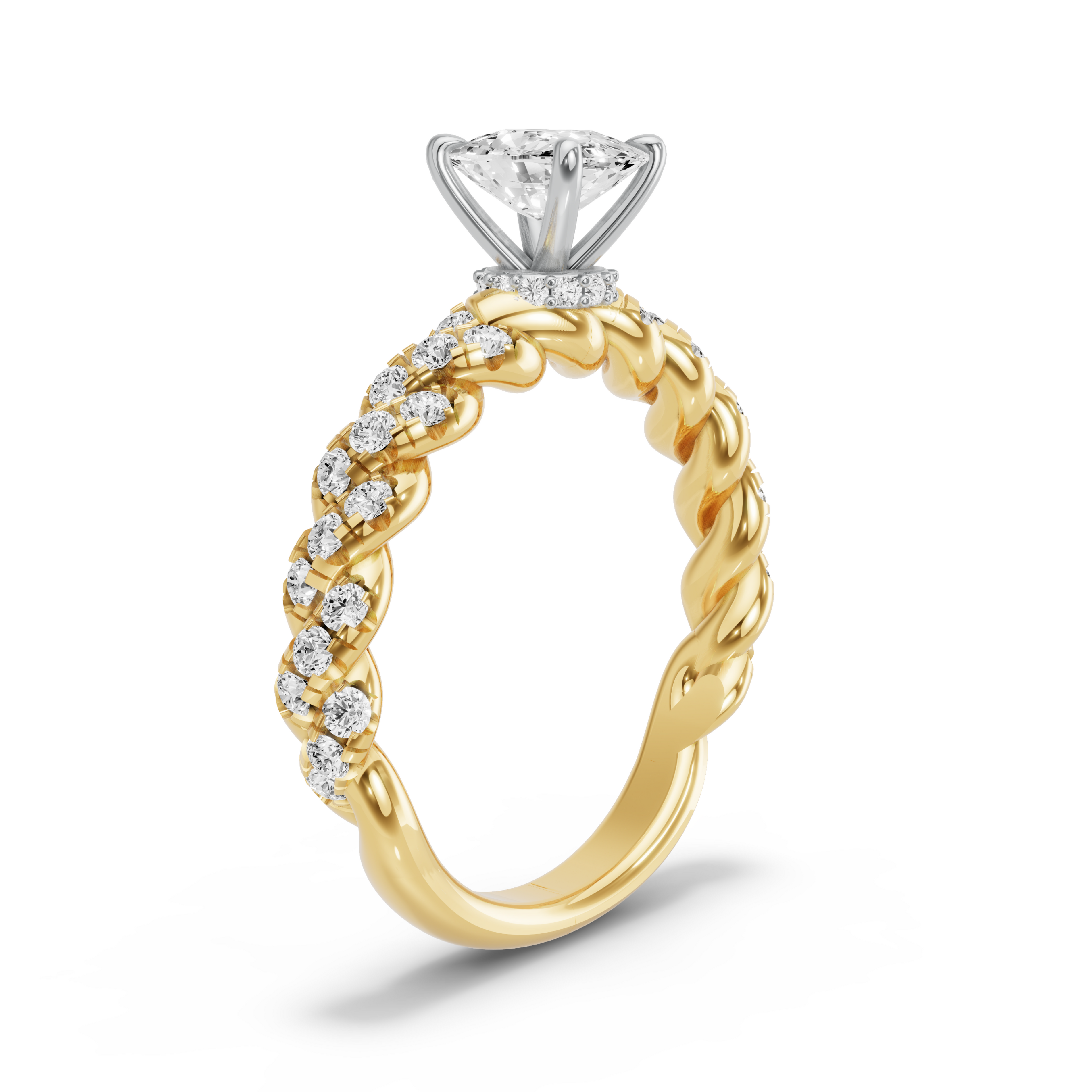 Image for Cushion Hidden Halo Ring with Twist Pave band in 14K Two Tone Yellow Gold