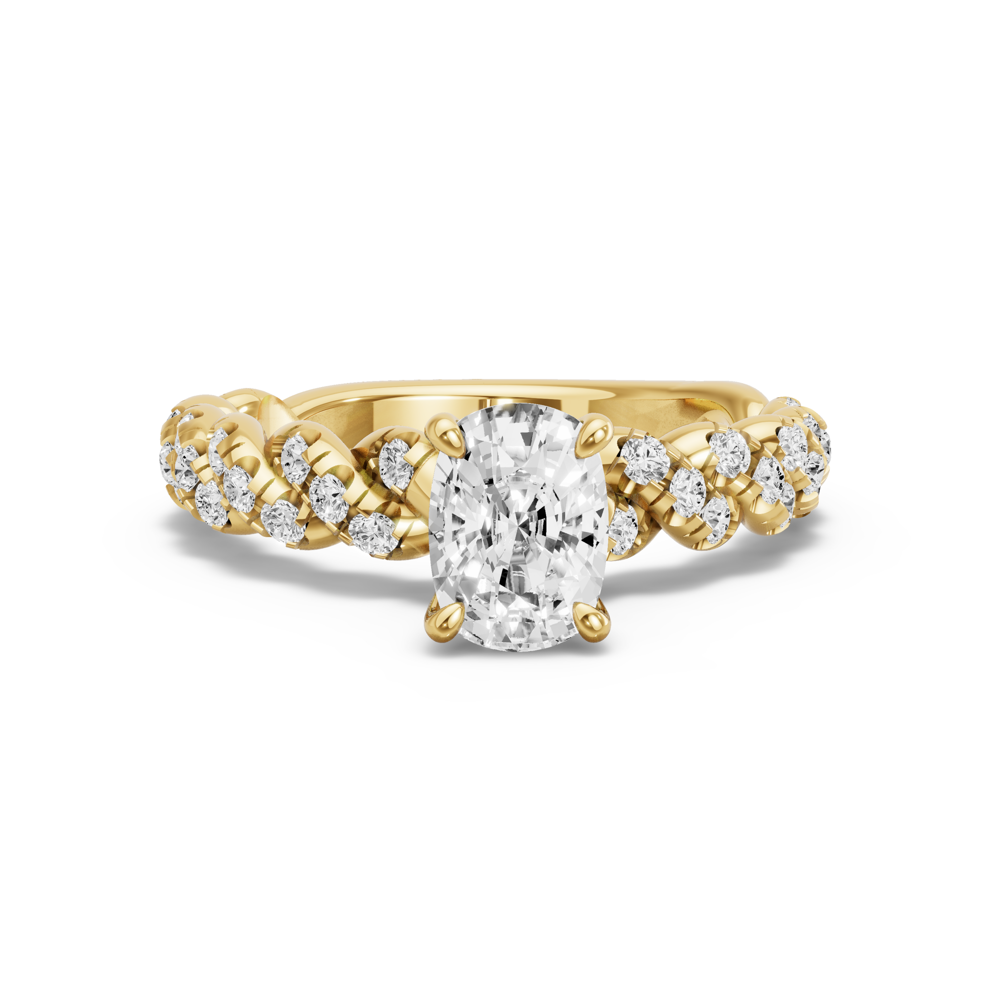 Image for Cushion Hidden Halo Ring with Twist Pave band in 14K Yellow Gold