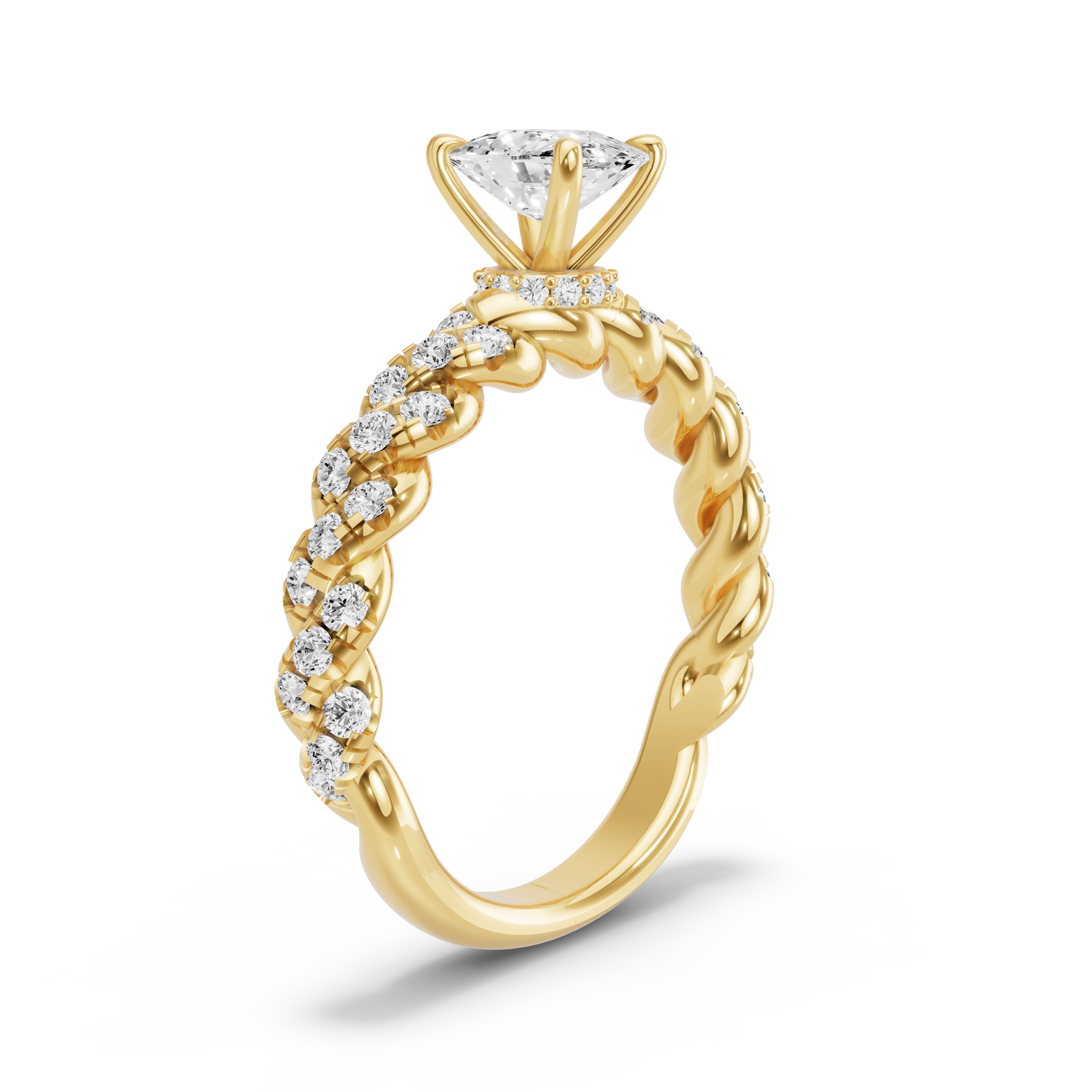Image for Cushion Hidden Halo Ring with Twist Pave band in 14K Yellow Gold