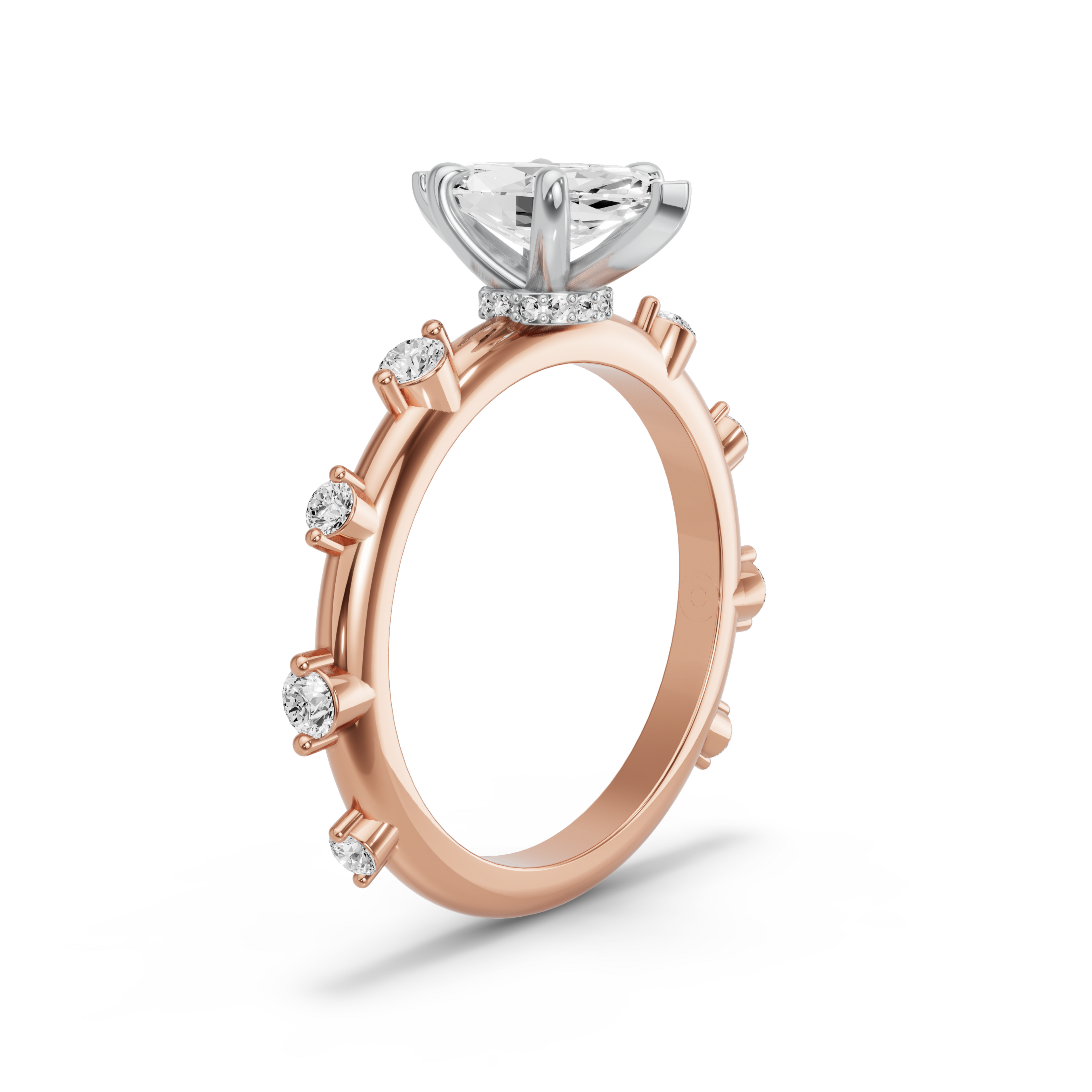 Image for Marquise Hidden Halo Ring with Floating Station band in 10K Two Tone Rose Gold