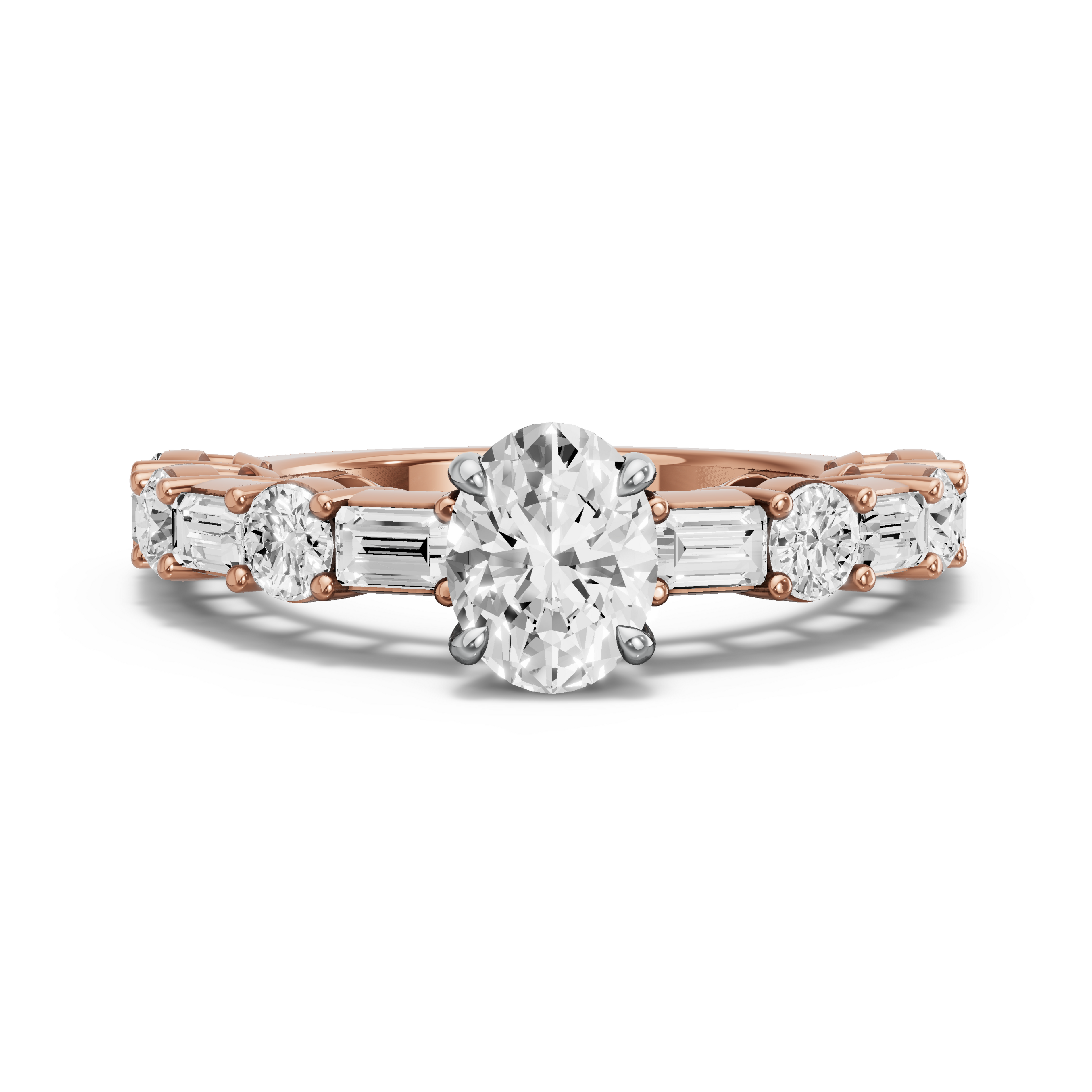Image for Oval Hidden Halo Ring with Alternating Baguette band in 14K Two Tone Rose Gold