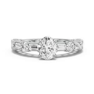Image for Oval Hidden Halo Ring with Alternating Baguette band in 14K White Gold