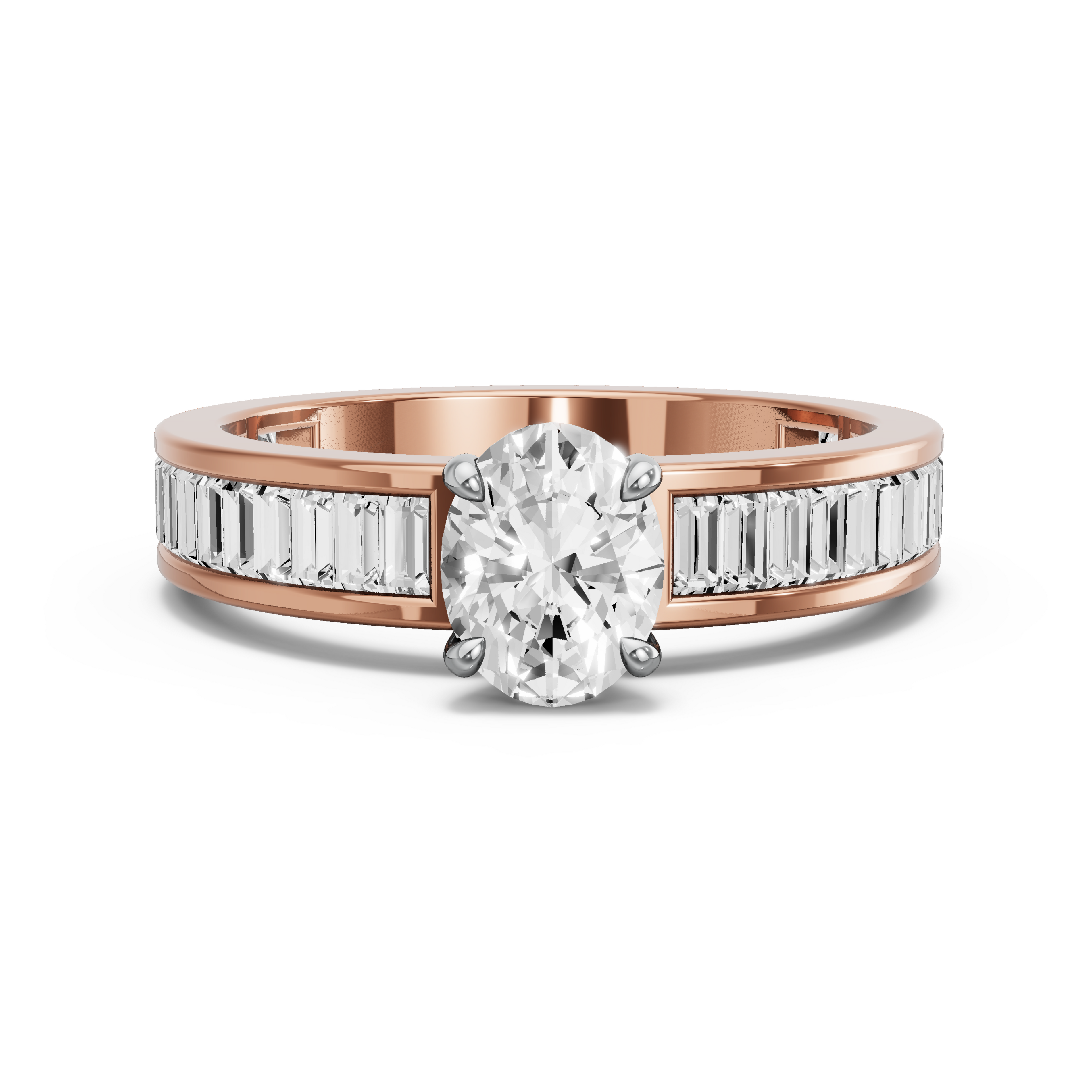 Image for Oval Hidden Halo Ring with Baguette Channel band in 14K Two Tone Rose Gold