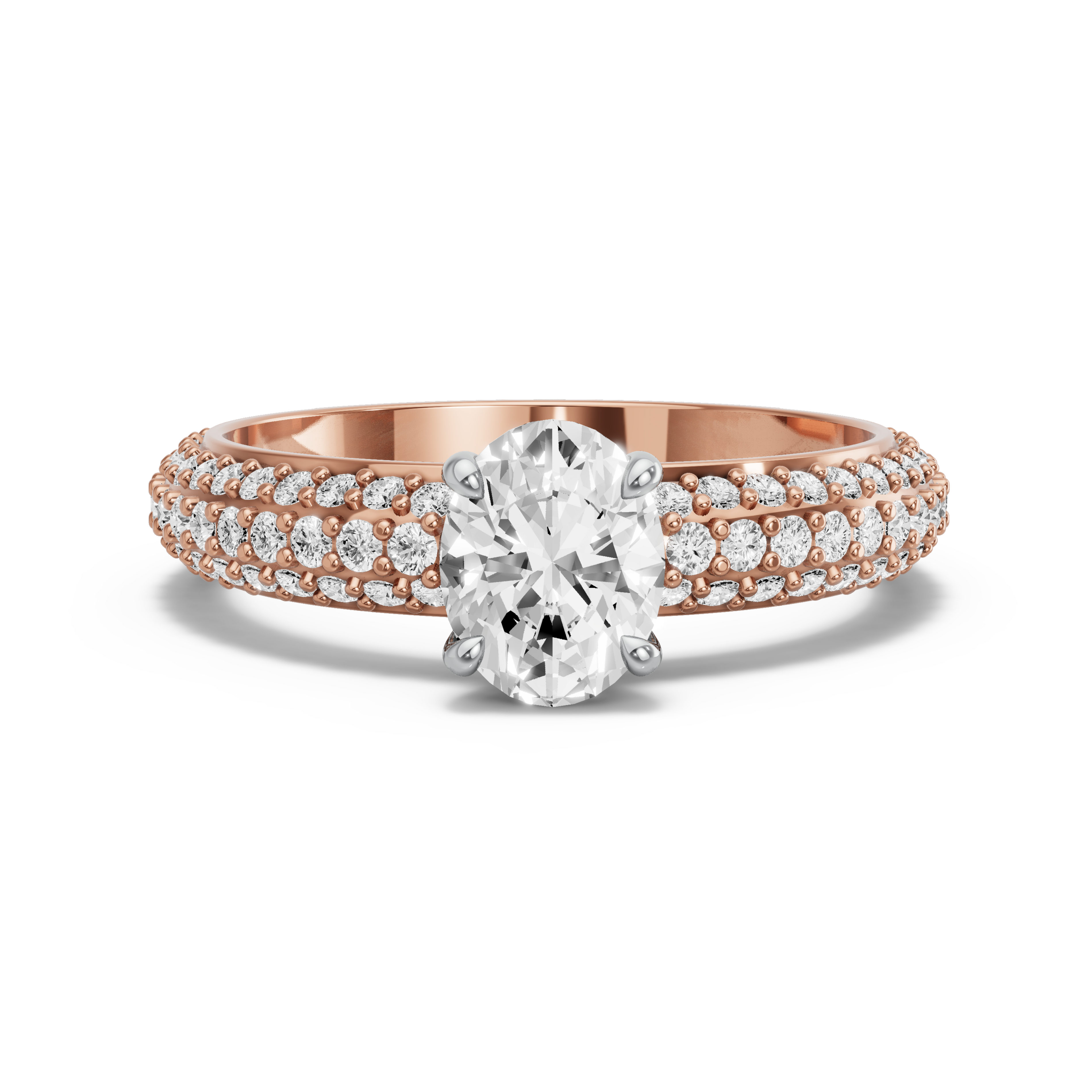 Image for Oval Hidden Halo Ring with Triple Row Pave band in 10K Two Tone Rose Gold