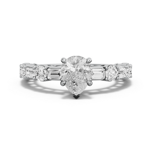 Image for Pear Hidden Halo Ring with Alternating Baguette band in 14K White Gold