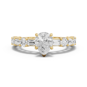 Image for Pear Hidden Halo Ring with Alternating Baguette band in 14K Yellow Gold