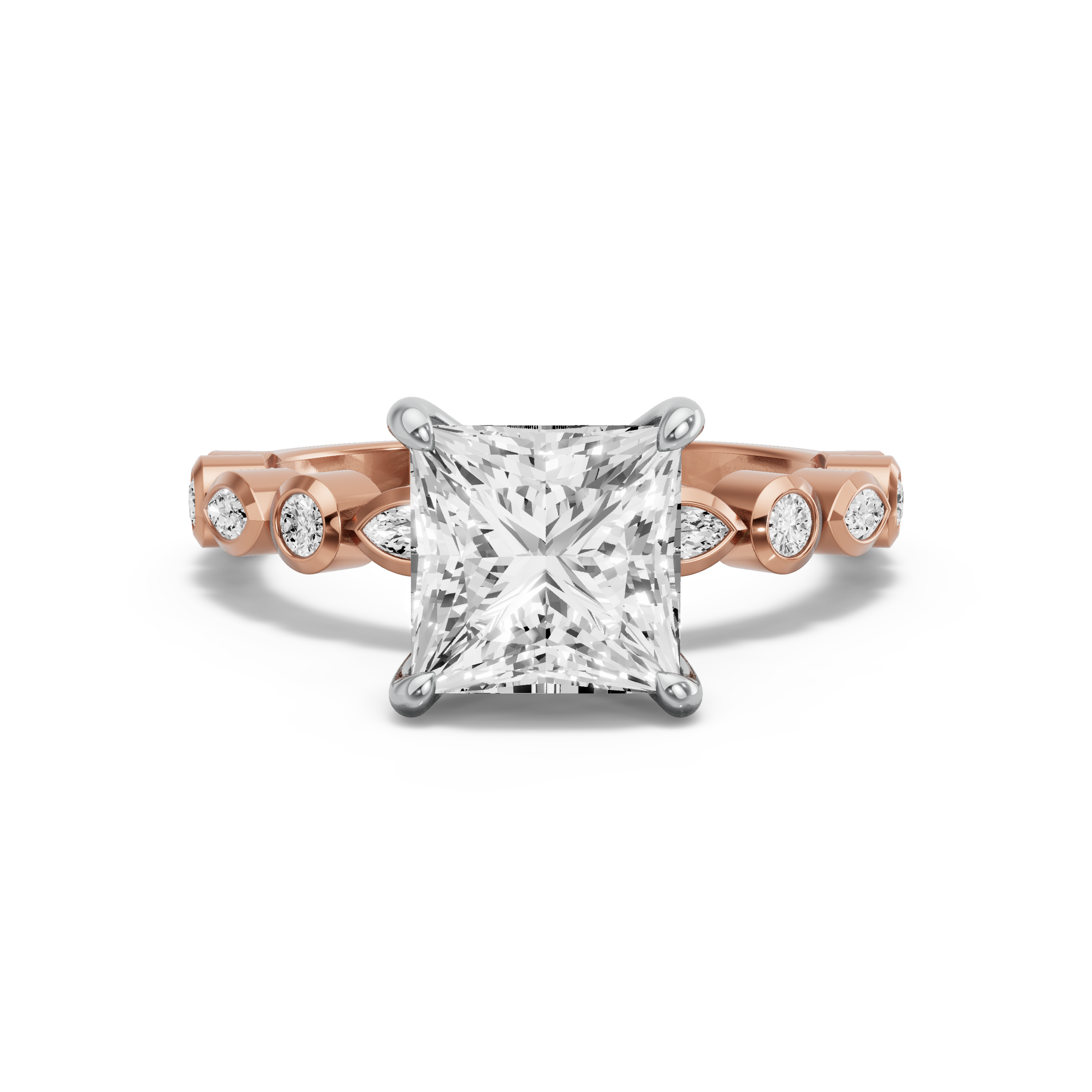 Image for Princess Hidden Halo Ring with Alternating Marquise band in 10K Two Tone Rose Gold