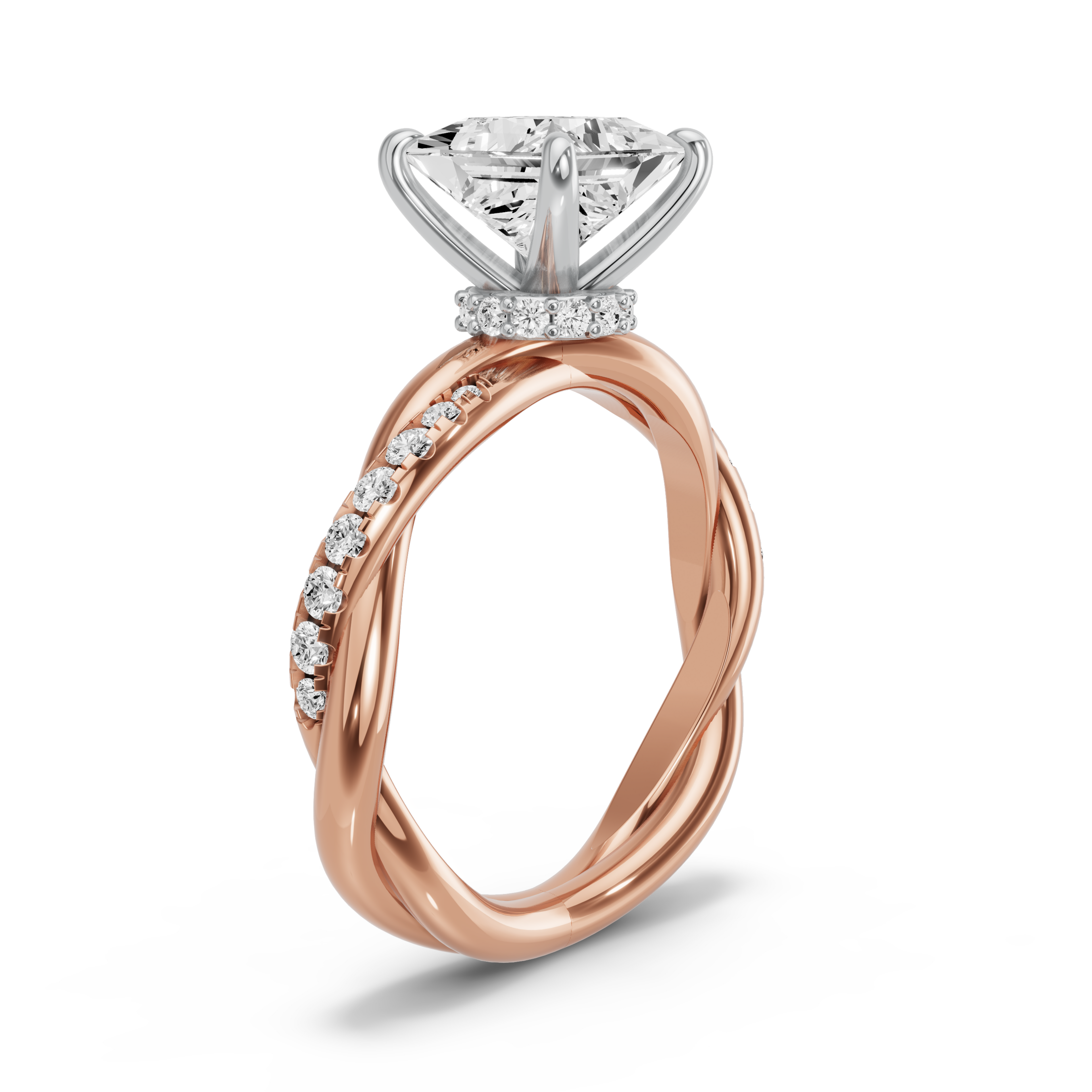 Image for Princess Hidden Halo Ring with Rope Pave band in 10K Two Tone Rose Gold