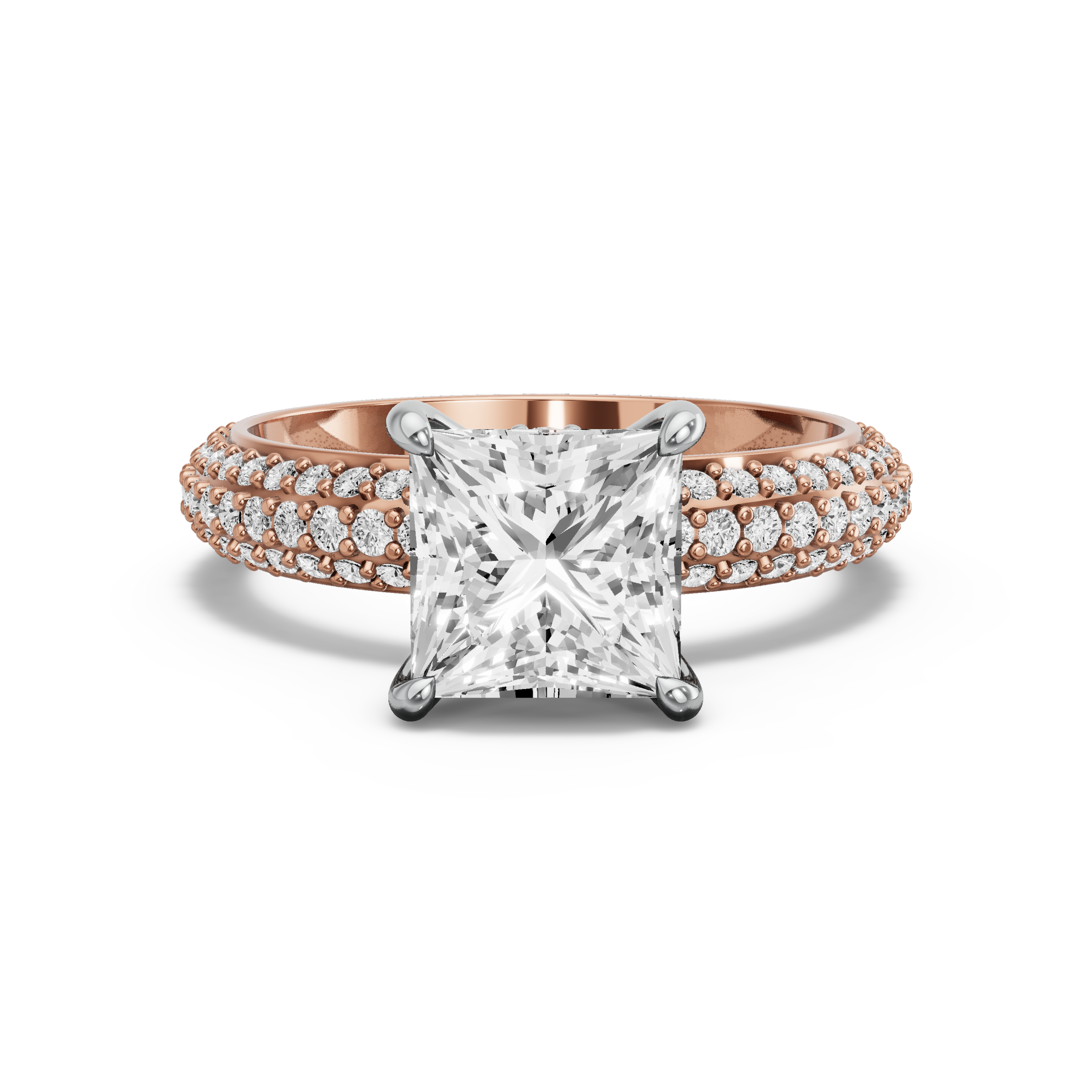 Image for Princess Hidden Halo Ring with Triple Row Pave band in 18K Two Tone Yellow Gold
