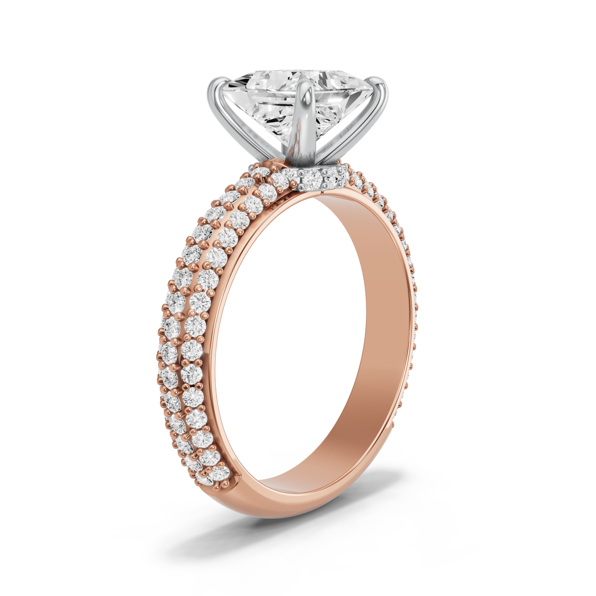 Image for Princess Hidden Halo Ring with Triple Row Pave band in 10K Two Tone Yellow Gold
