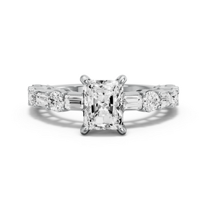 Image for Radiant Hidden Halo Ring with Alternating Baguette band in 14K White Gold