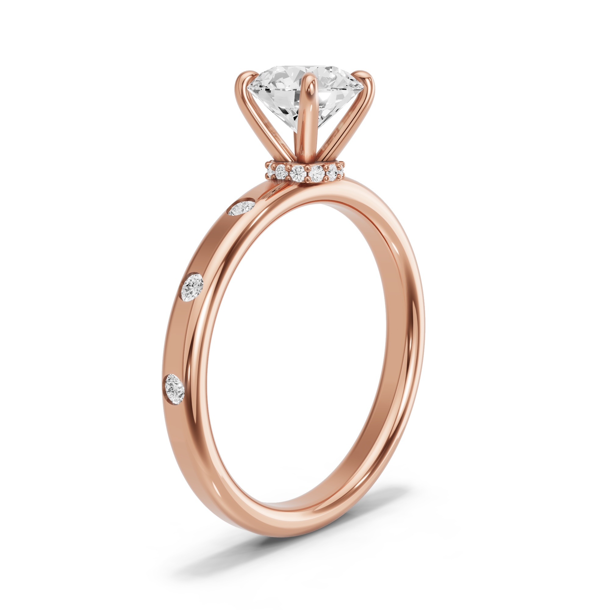 Image for Round Hidden Halo Ring with Sleek Accent band in 18K Rose Gold
