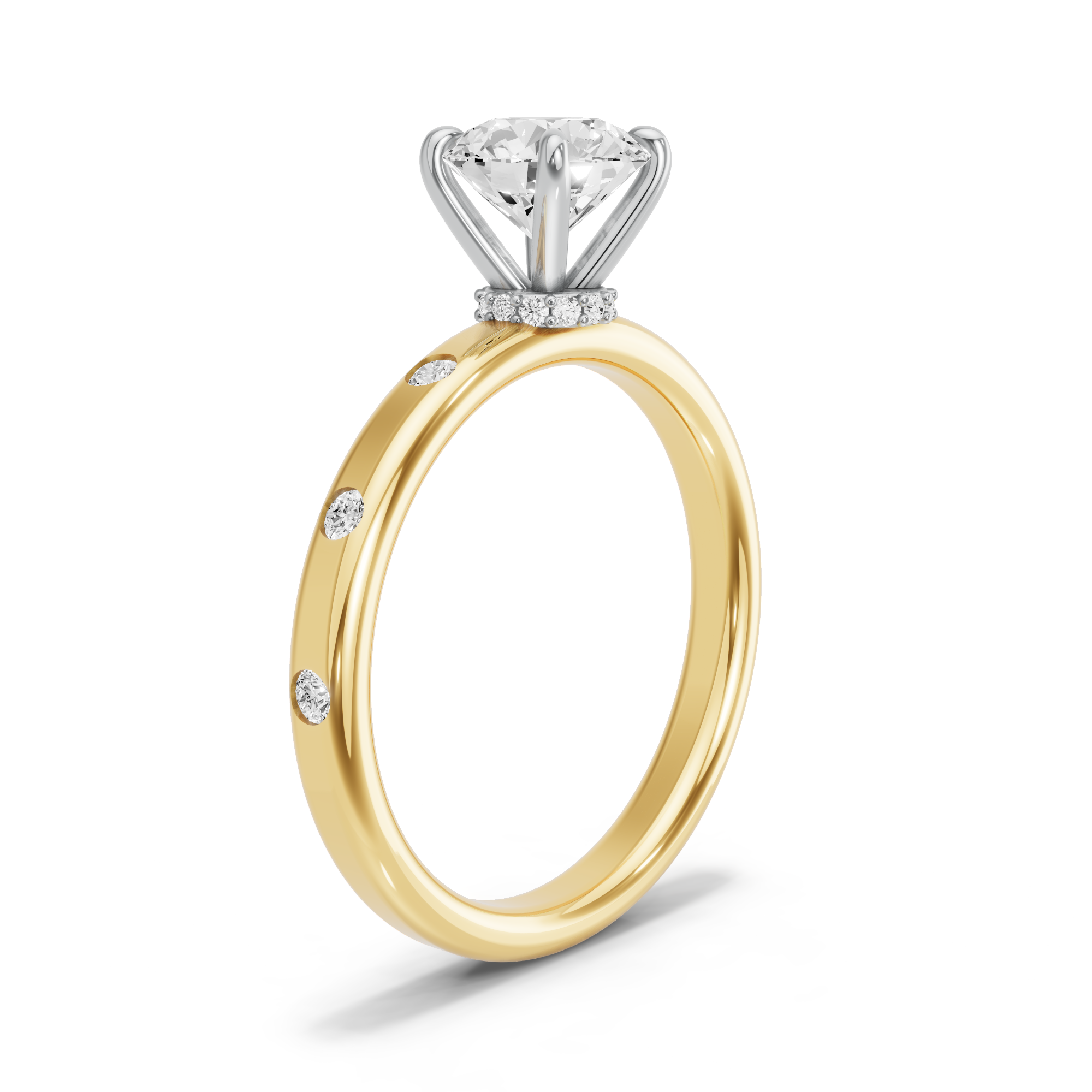 Image for Round Hidden Halo Ring with Sleek Accent band in 14K Two Tone Yellow Gold